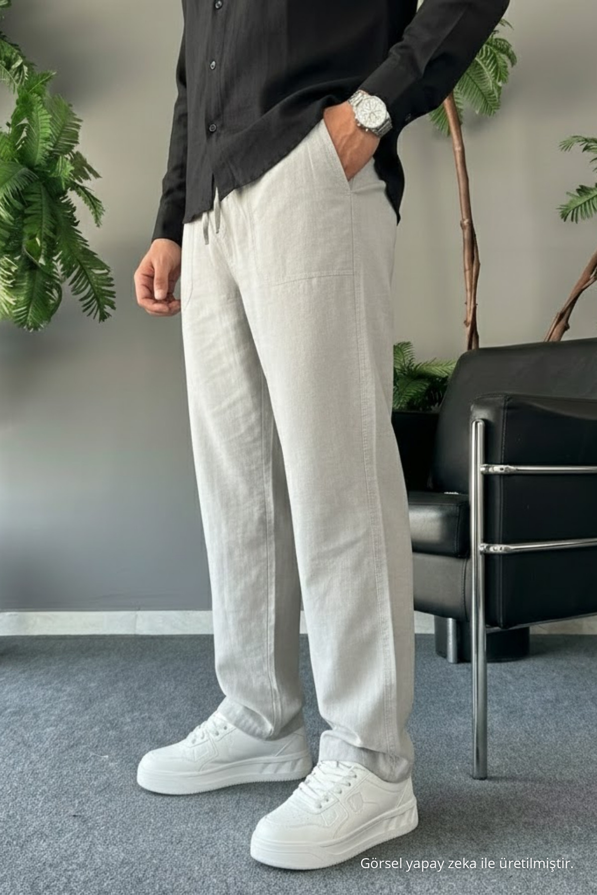 Erkek Beli Lastikli 3 Lü Keten Pantolon Bej 6