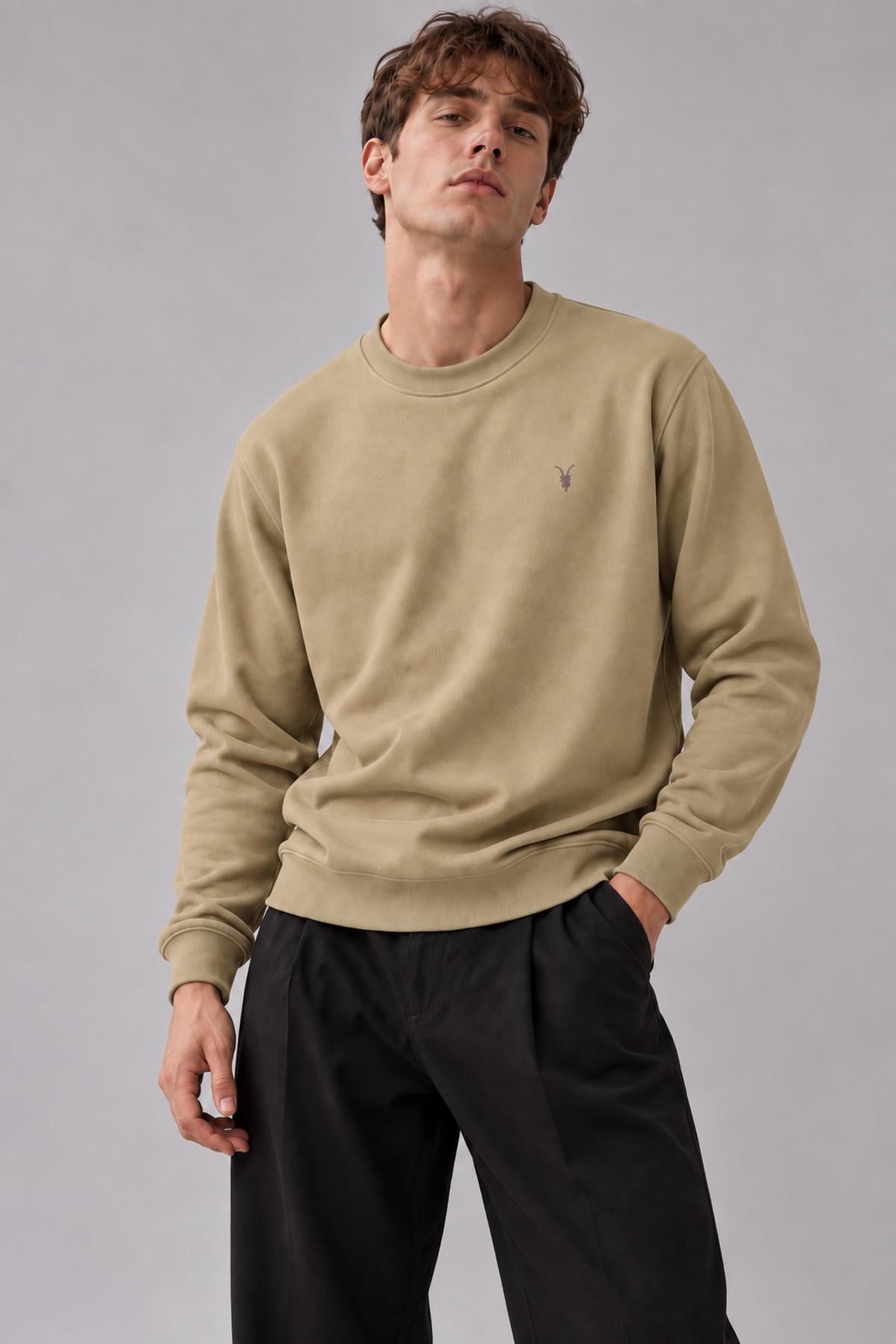 Bej Rengi Erkek Bisiklet Yaka Sweatshirt 4
