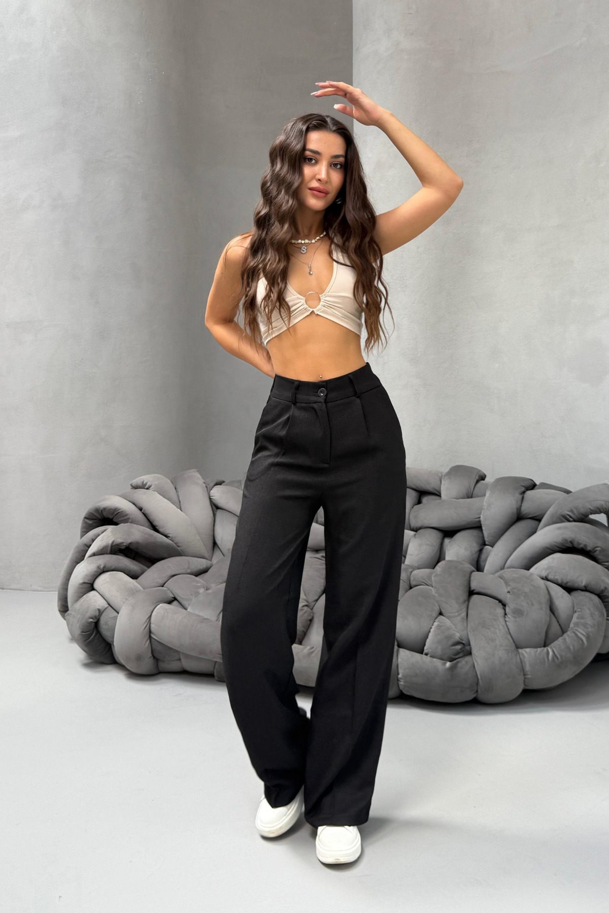 Kadın Yüksek Bel Wide Leg Beli Lastikli Bol Paça Rahat Kalıp Palazzo Pantolon Çok Renkli 7