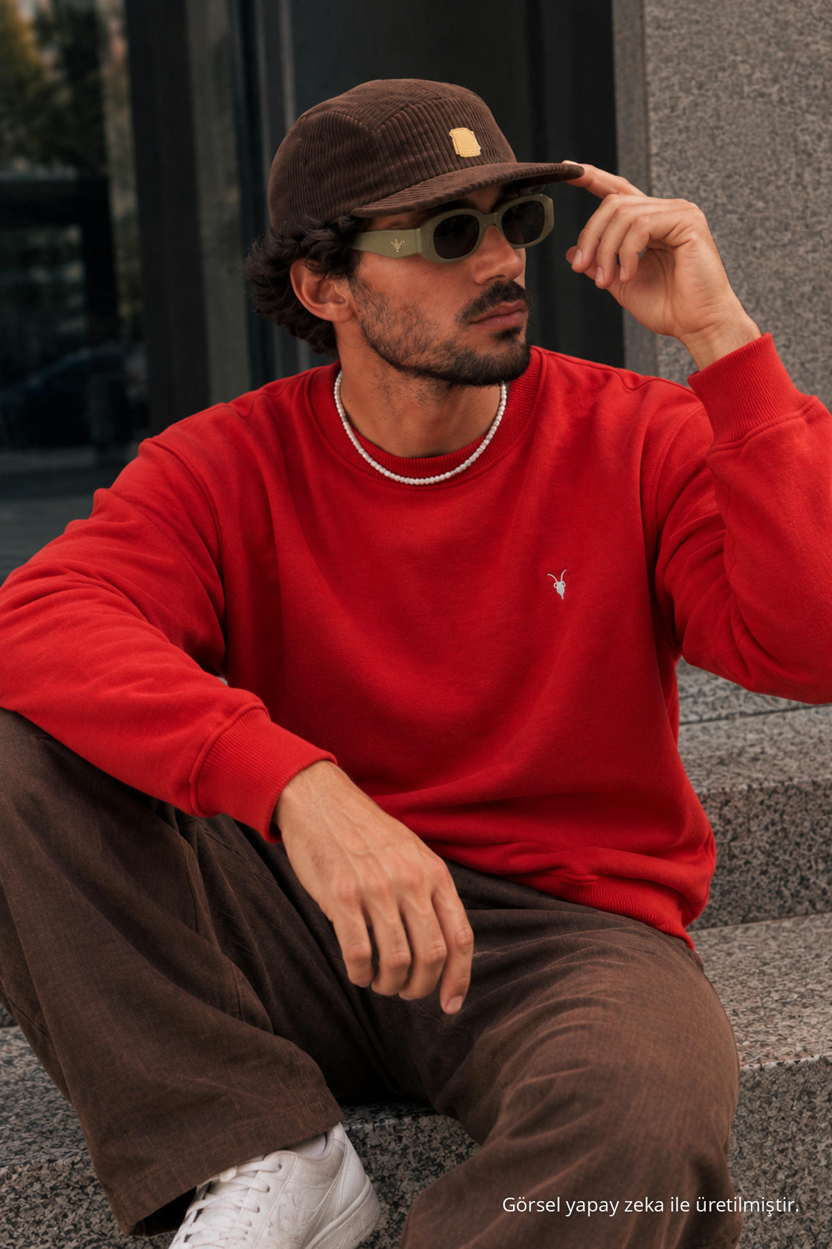 KIRMIZI Bol Kesim Rahat Erkek Sweatshirt 4