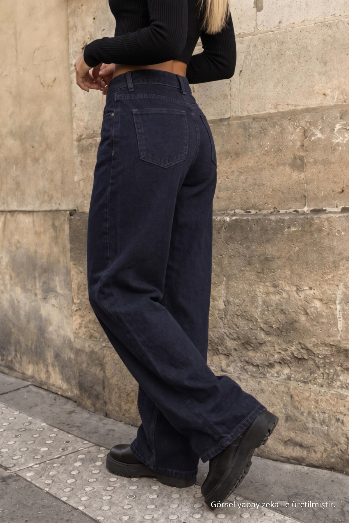 Koyu Lacivert Yüksek Bel Wide Leg Bol Paça Palazzo Kot Pantolon 3