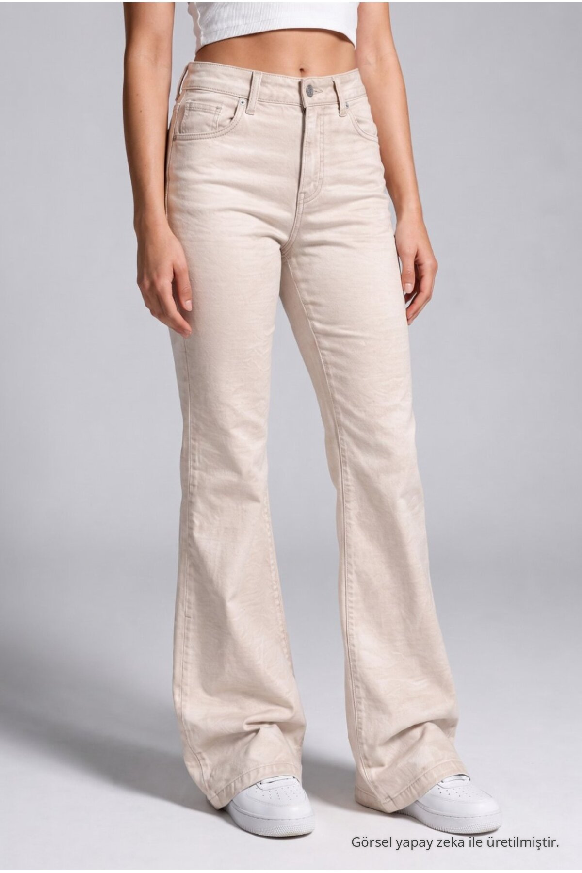 Ispanyol Paça Likralı/Esnek Kot Pantolon Bej 3