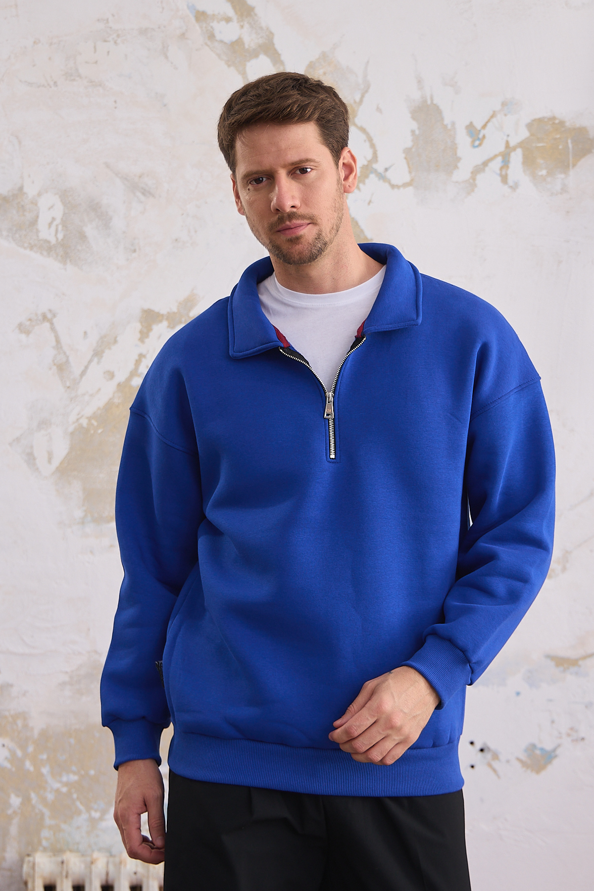 Erkek Yarım Fermuar Rahat Sweatshirt SAKS MAVİ 7
