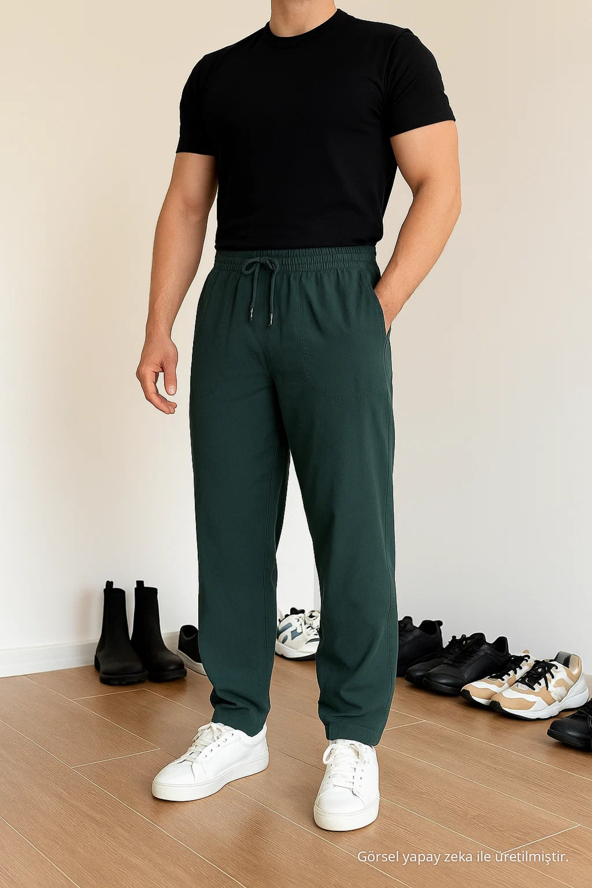 Erkek Beli Lastik Salaş Haki Keten Pantolon 4