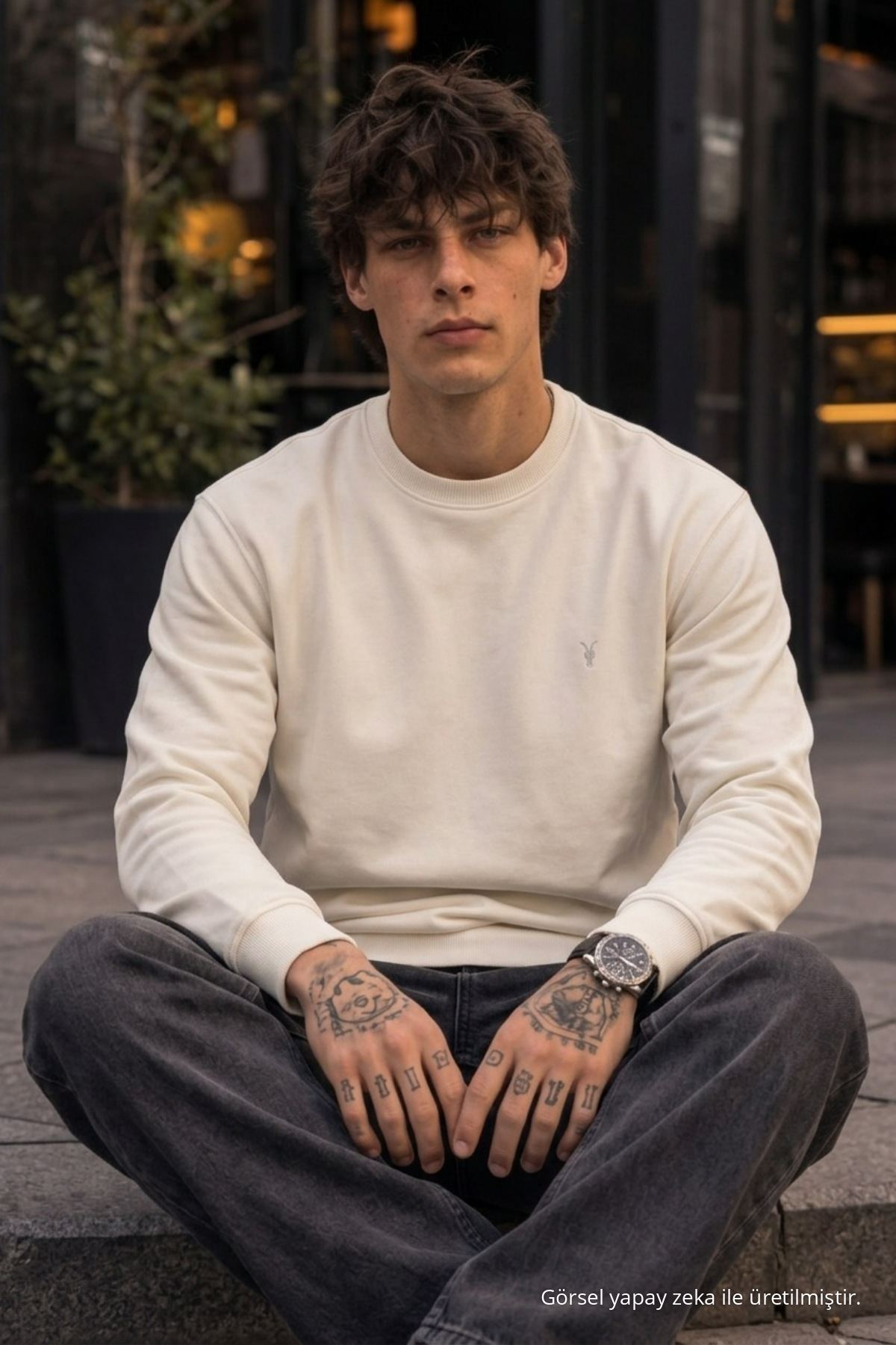Örme Kışlık Günlük Ekru Erkek Sweatshirt 4