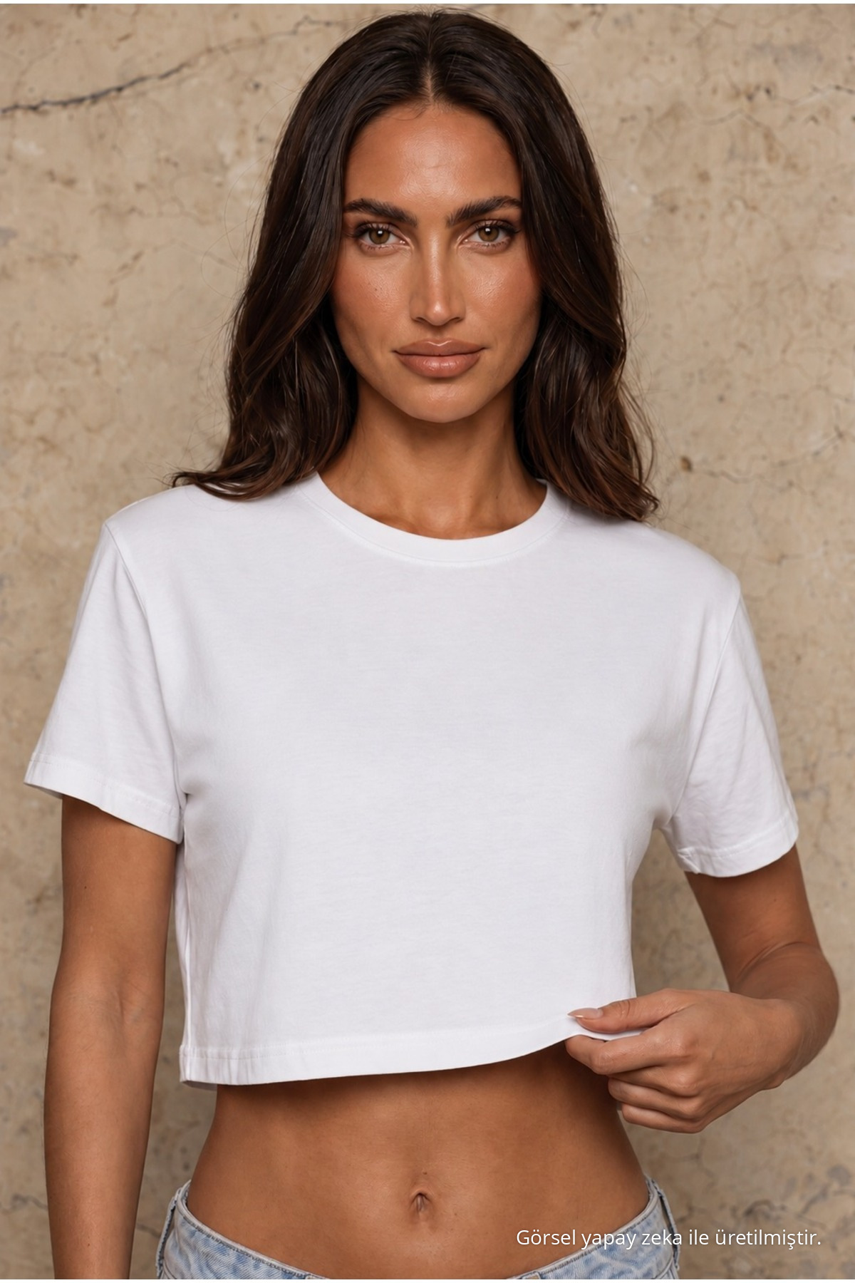 Kadın Yuvarlak Yaka Relaxed Fit Kısa Kol Basic Crop T-Shirt BEYAZ 3