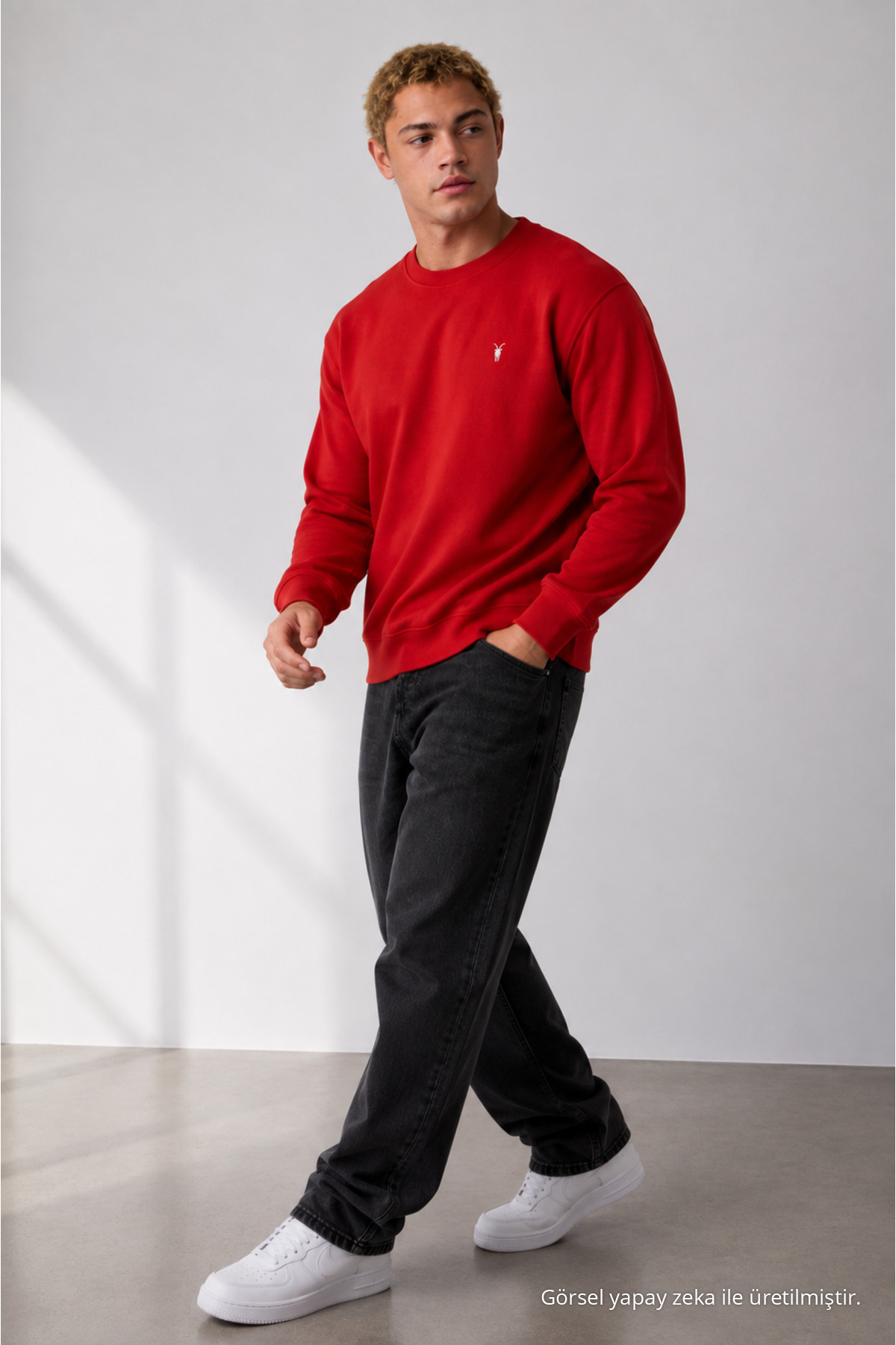 KIRMIZI Oversize Pamuklu Erkek Sweatshirt 5