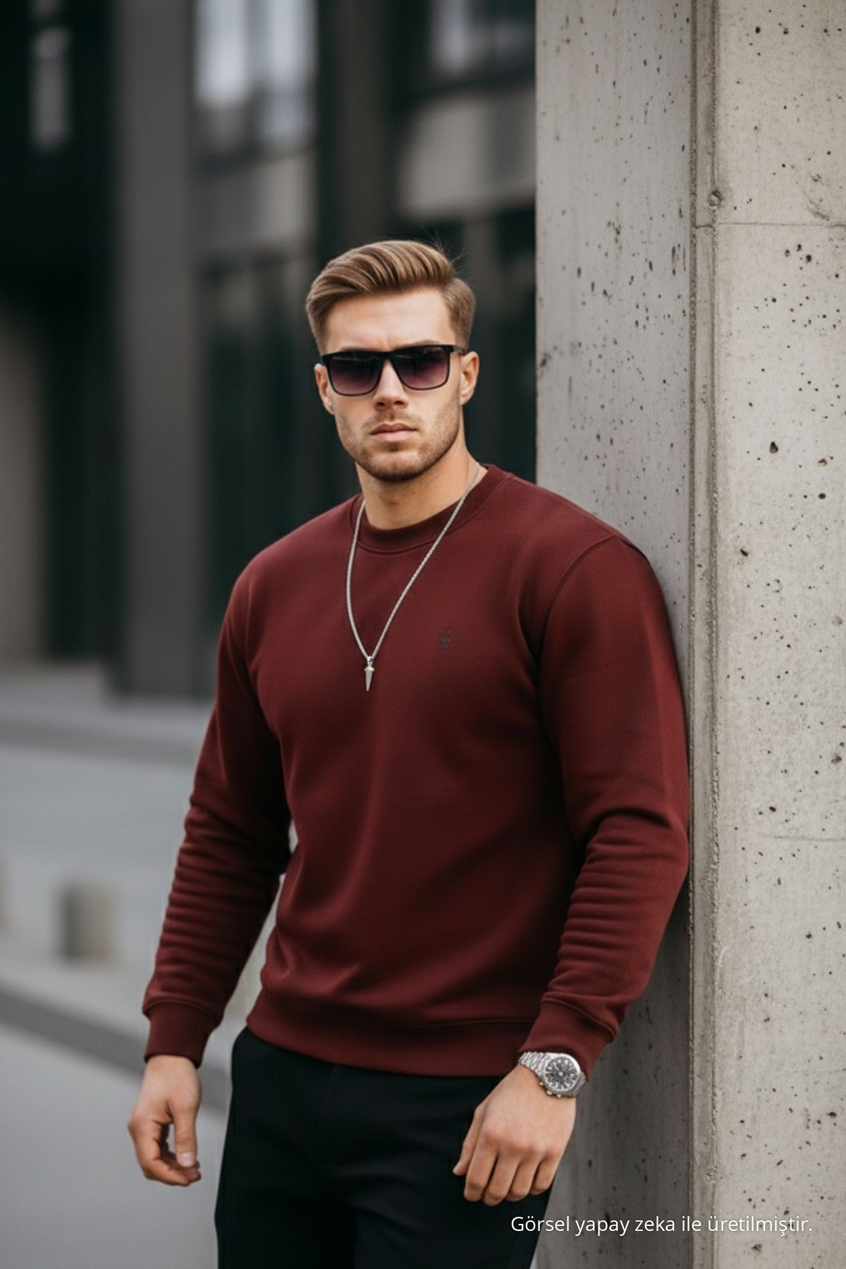 Bordo Renk Basic Bisiklet Yaka Relaxed Regular Erkek Sweatshirt 5