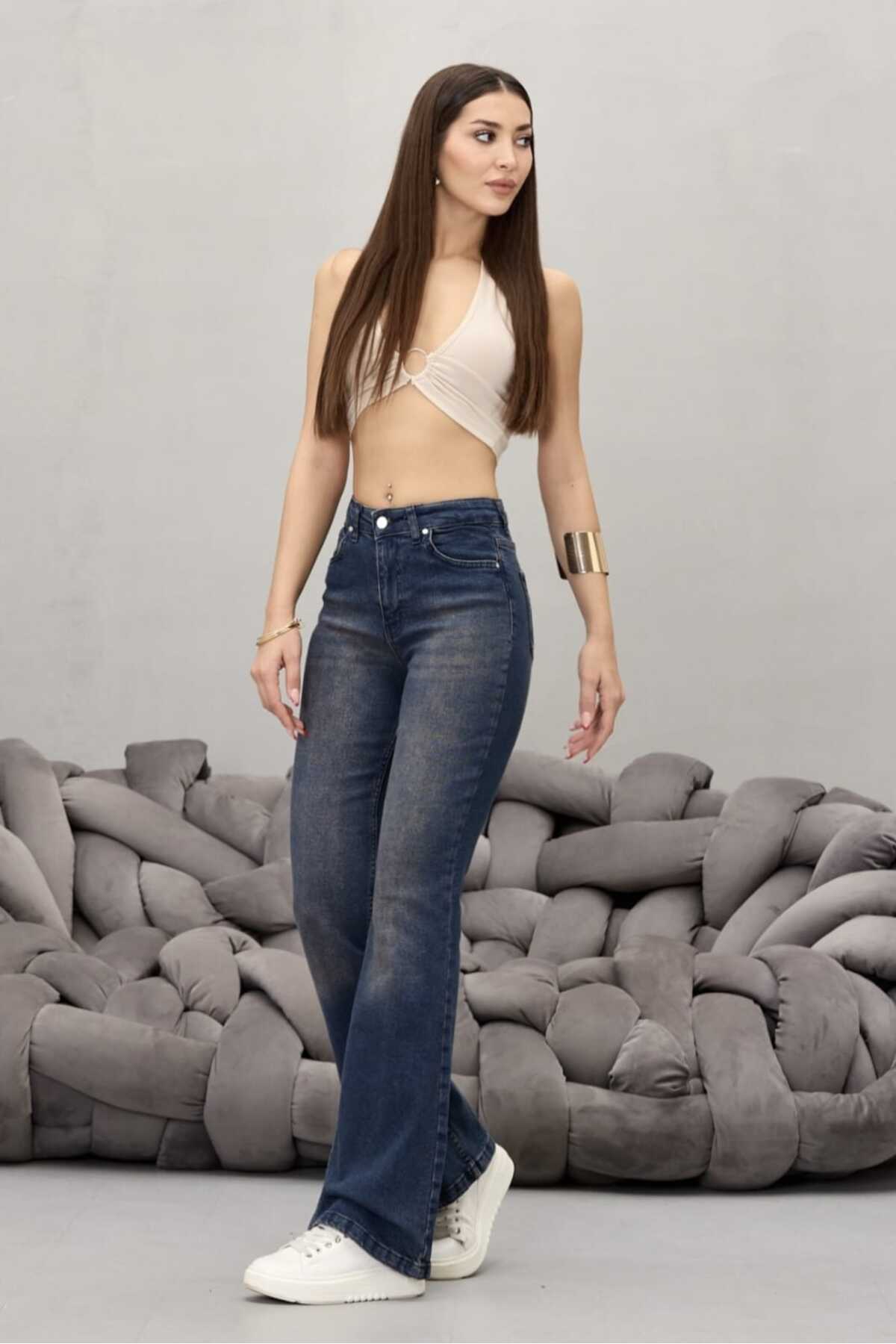 Kadın Yüksek Bel Esnek Ispanyol Paça Jeans koyu lacivert 7