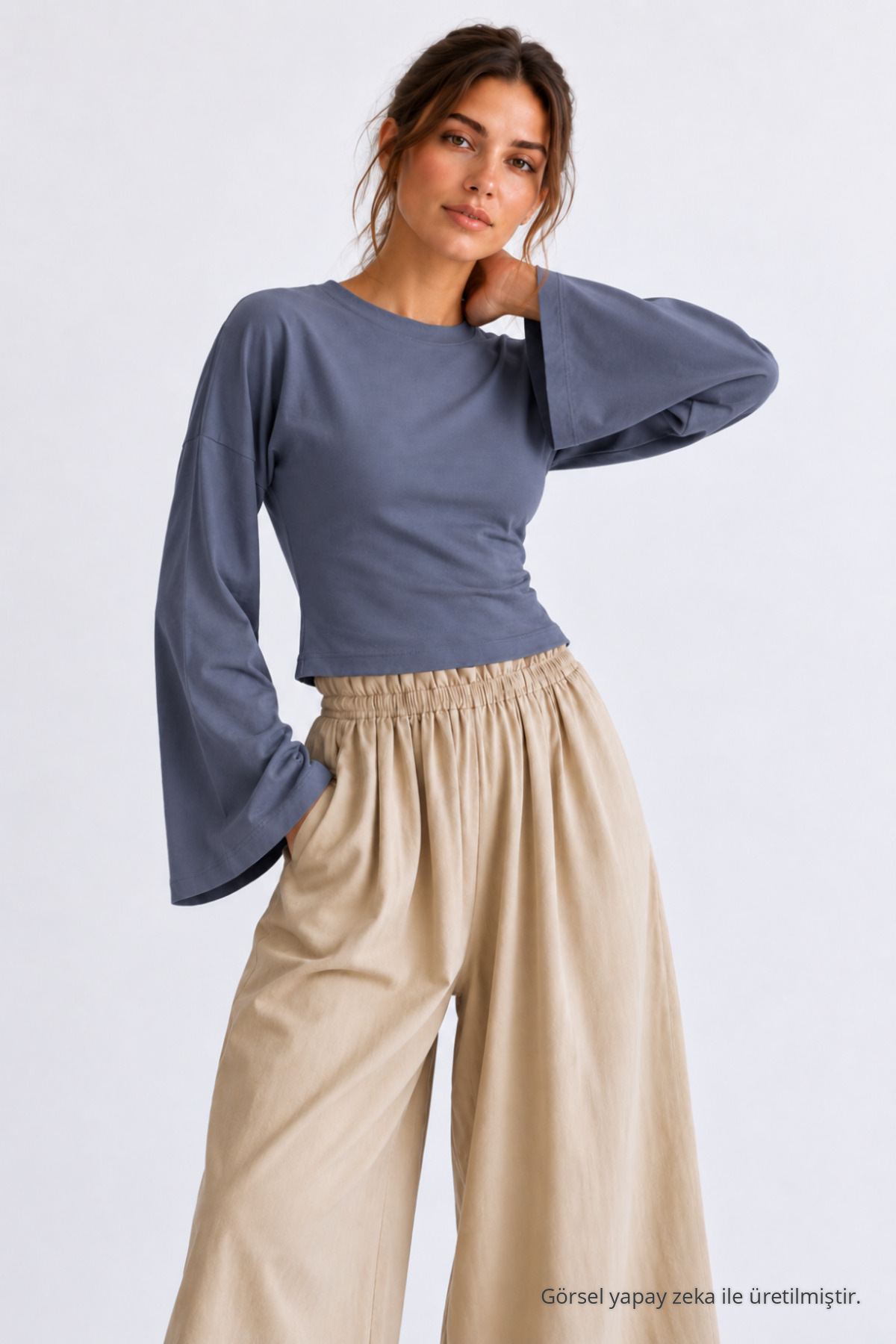 Kadın Basic Geniş Kol 3 Lü Crop Bluz Bordo 5