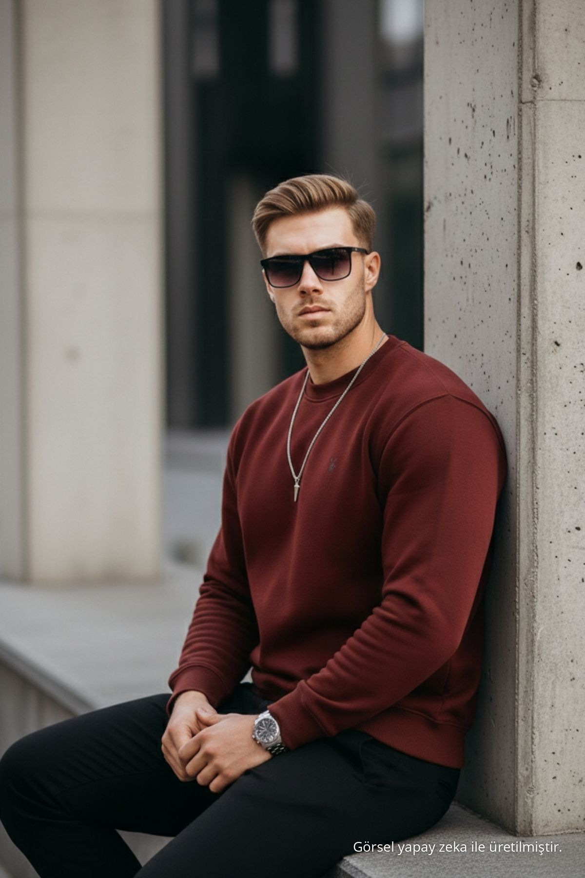 Bordo Renk Basic Bisiklet Yaka Relaxed Regular Erkek Sweatshirt 6