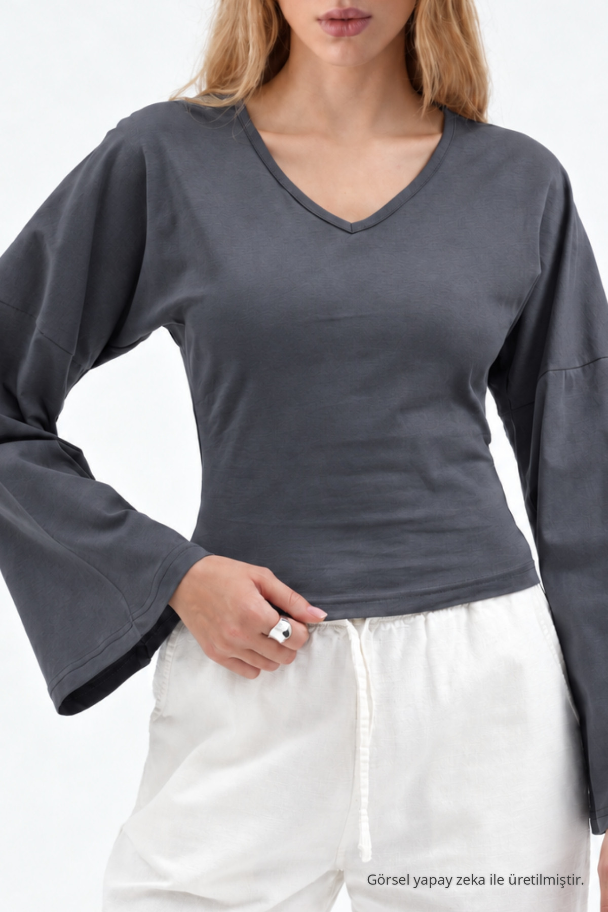 Kadın Reglan Kol Dokulu Crop Füme Bluz 5