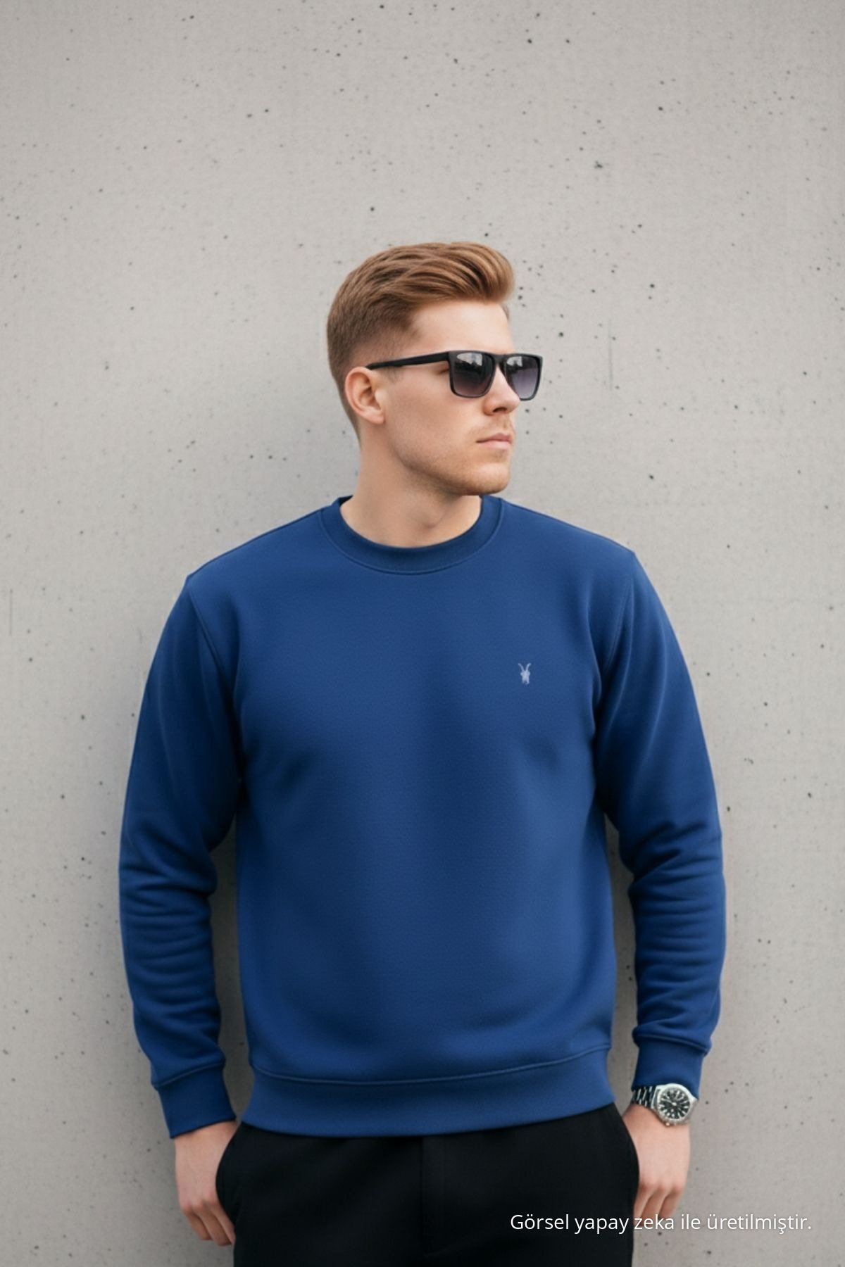 İndigo Renk Basic Bisiklet Yaka Relaxed Regular Erkek Sweatshirt 5
