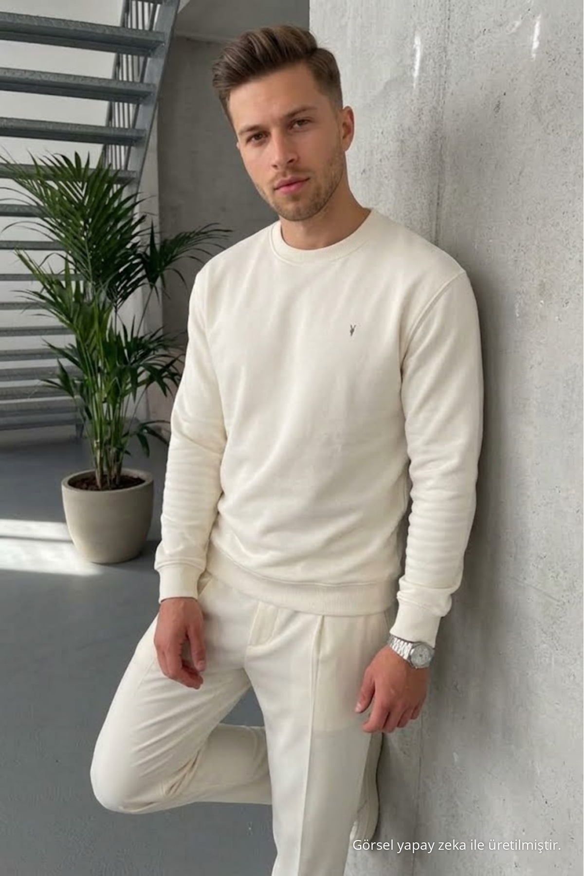 Erkek Loose Dokulu Flare Ekru Sweatshirt 3