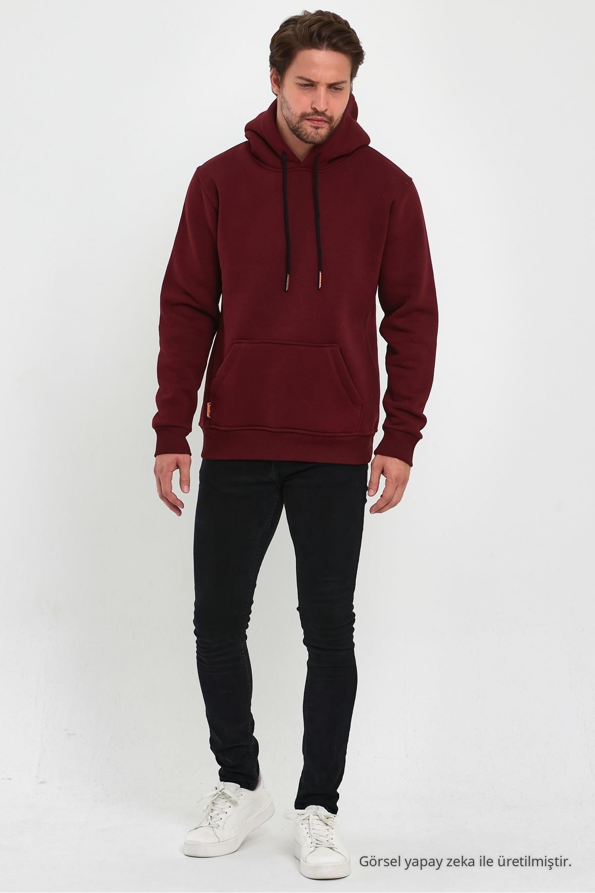 Erkek Bordo Standart Fit Normal Kesim İçi Polarlı Kapüşonlu Kanguru Cepli Pamuklu Sweatshirt 7