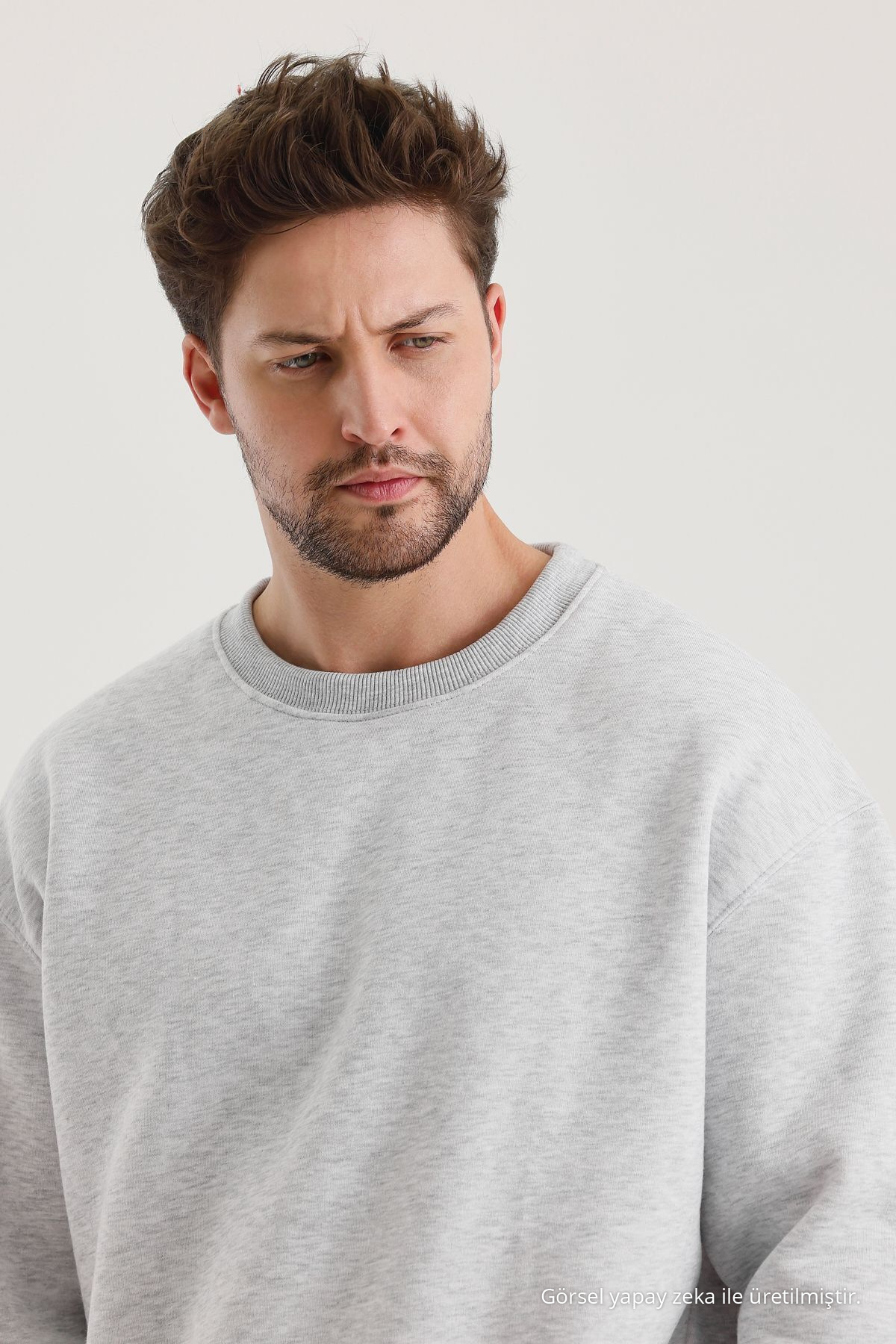 Grimelanj Pamuklu Bisiklet Yaka Oversize Şardonlu Basic Erkek Sweatshirt GRİMELANJ 7