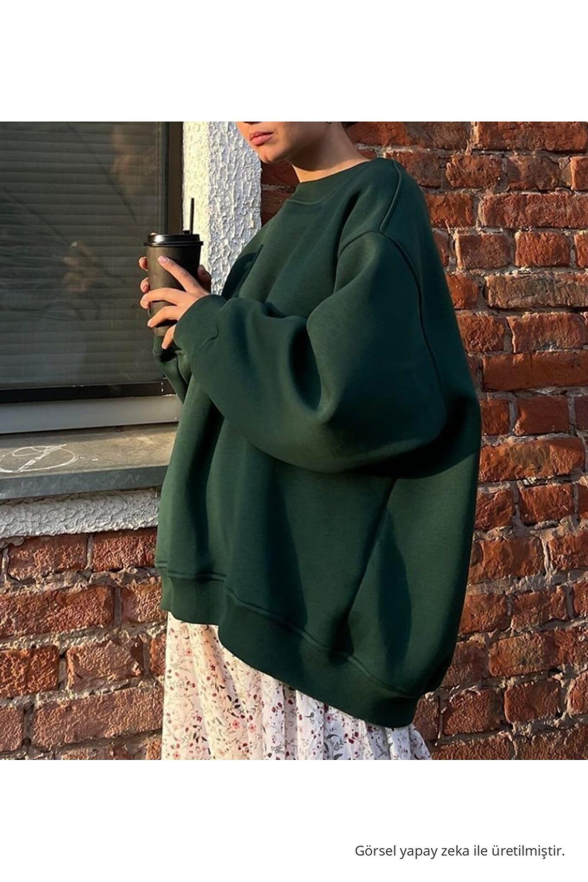 Kadın Bisiklet Yaka İçi Şardonlu, Kışlık Yumuşak Bol Sweatshirt KOYU YEŞİL 4