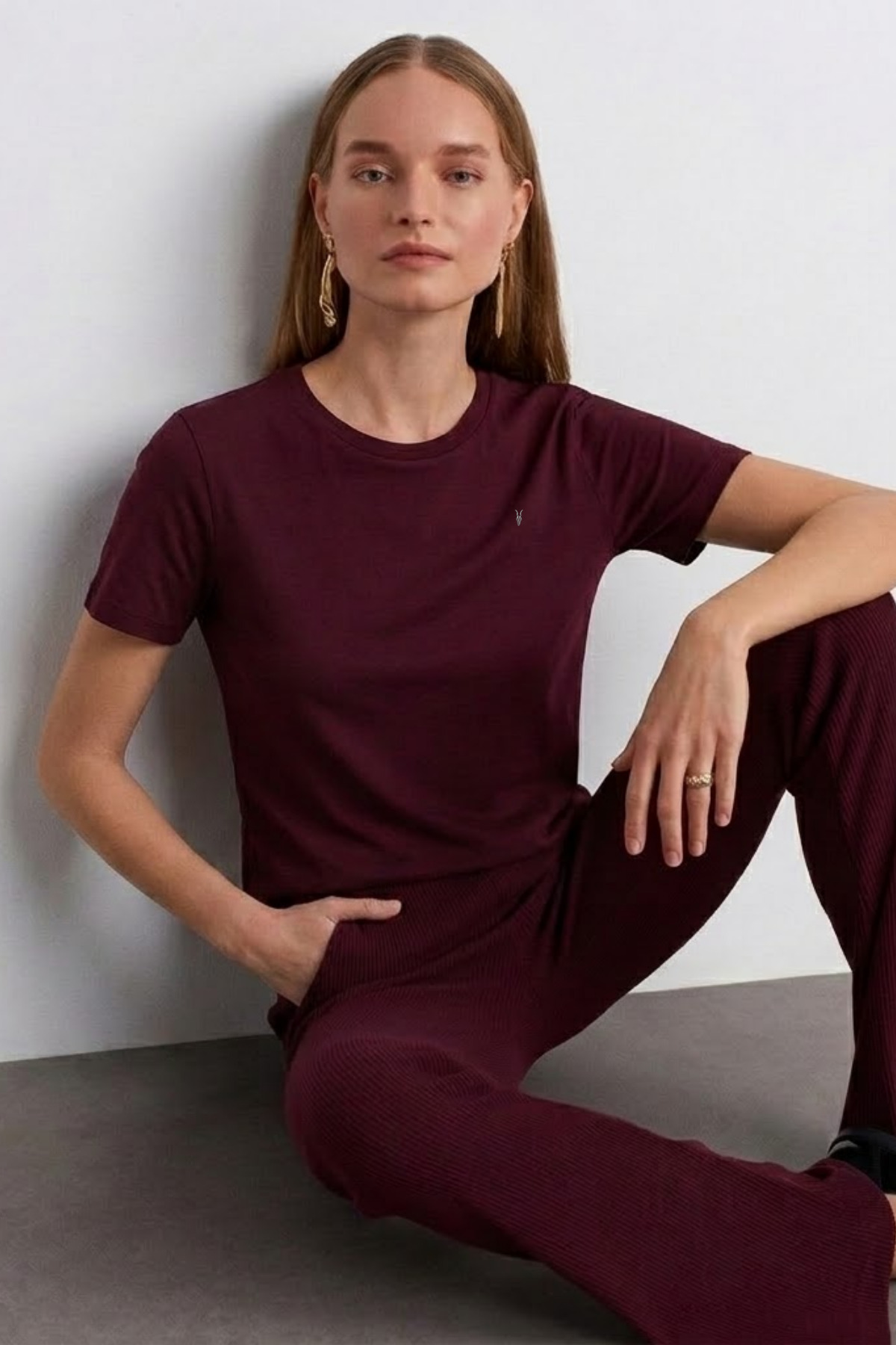 Kadın Comfort Fit Basic Bordo Bol Tişört 5