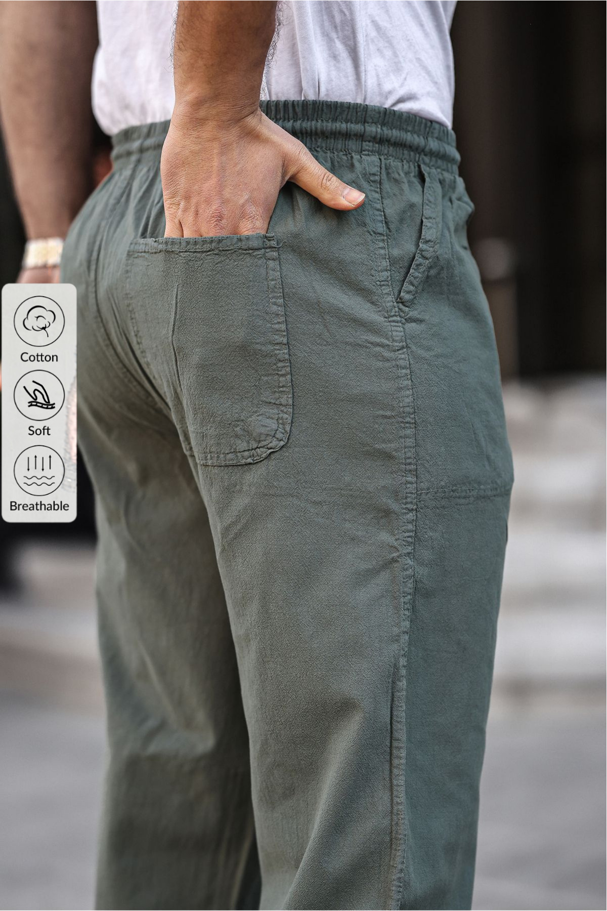 HAKİ Renk Erkek Yazlık Keten Karışımı Relaxed Pantolon 3