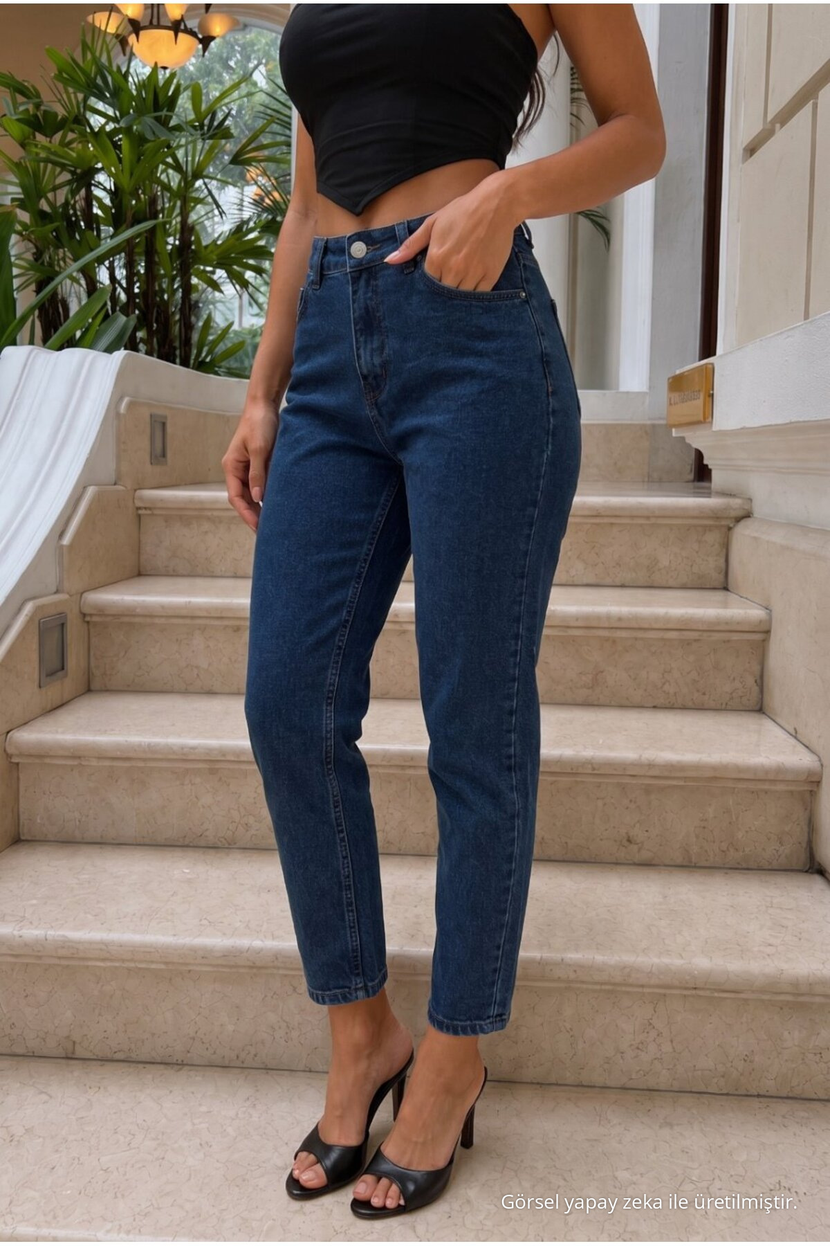 Yüksek Bel Mom Comfort Fıt Lacivert Jean Pantolon 6