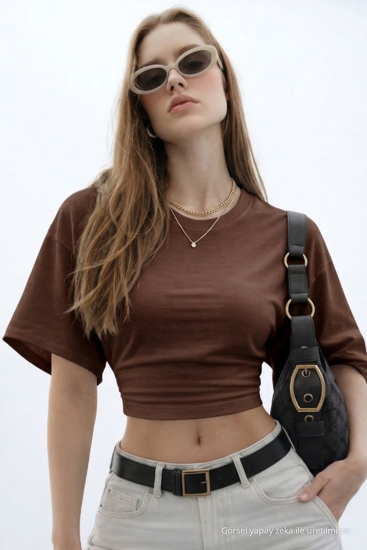 Kadın Basic Bel Detaylı Kahve Crop Bluz 5