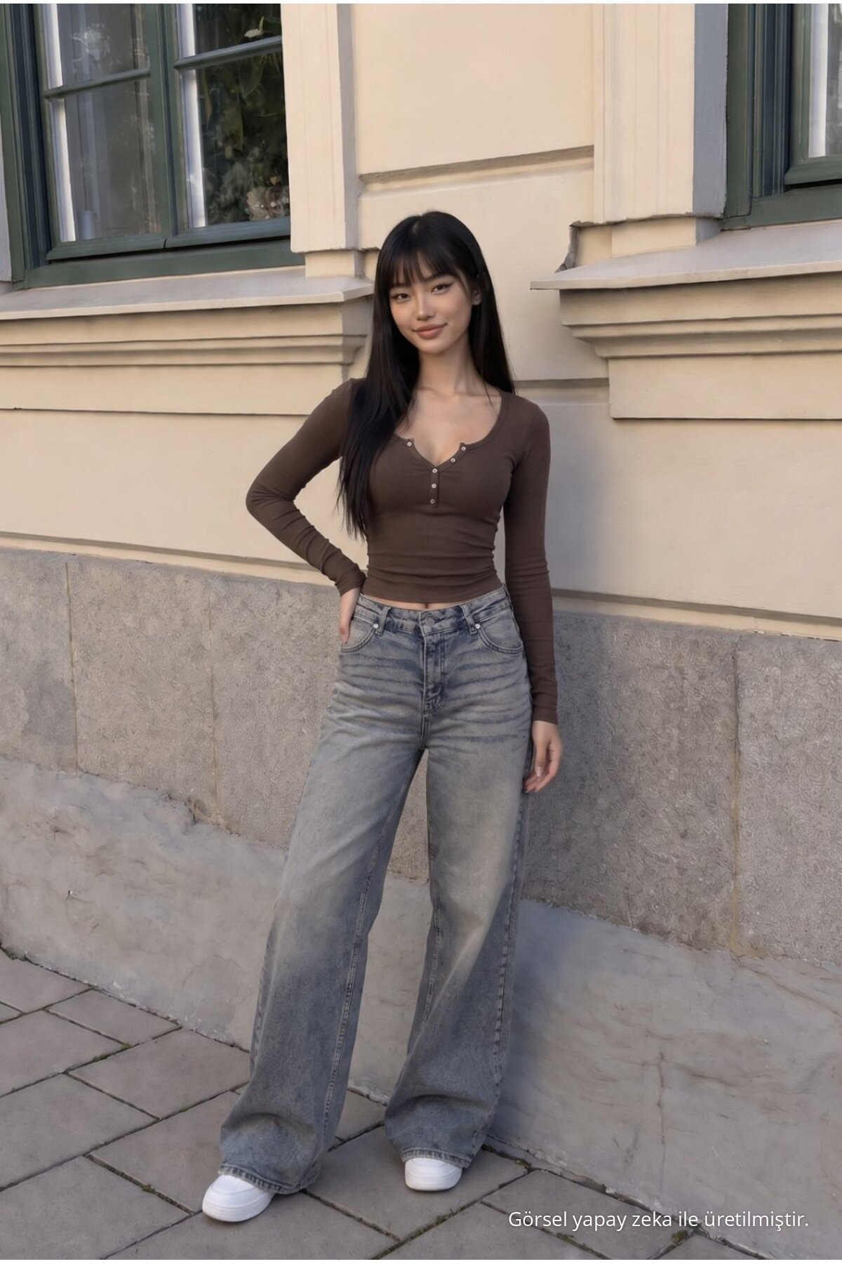 Kadın Bol Paça Jean Pantolon High Waist Gök Mavi 4