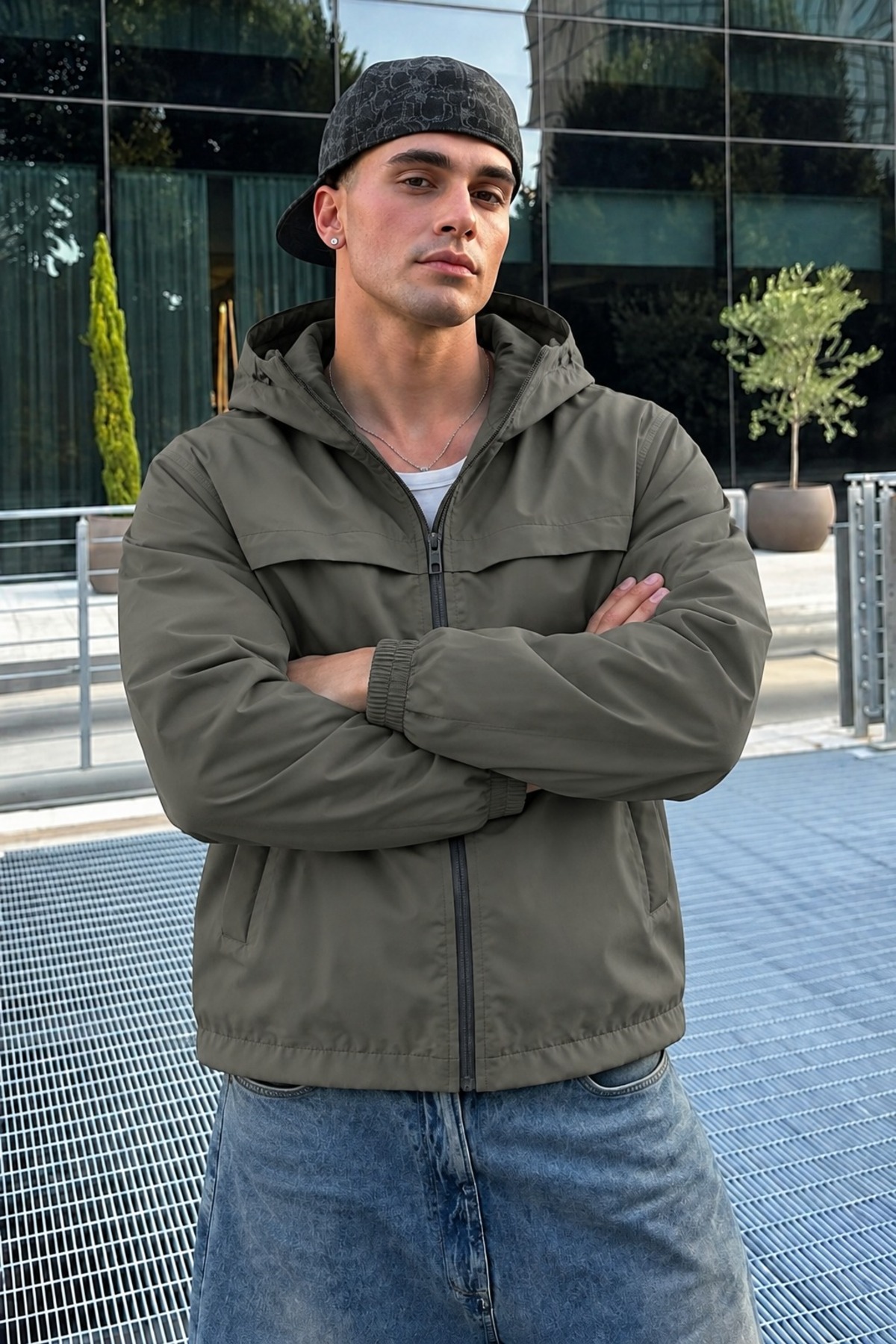 Erkek Kapüşonlu Su Geçirmez Casual Haki Yağmurluk 5