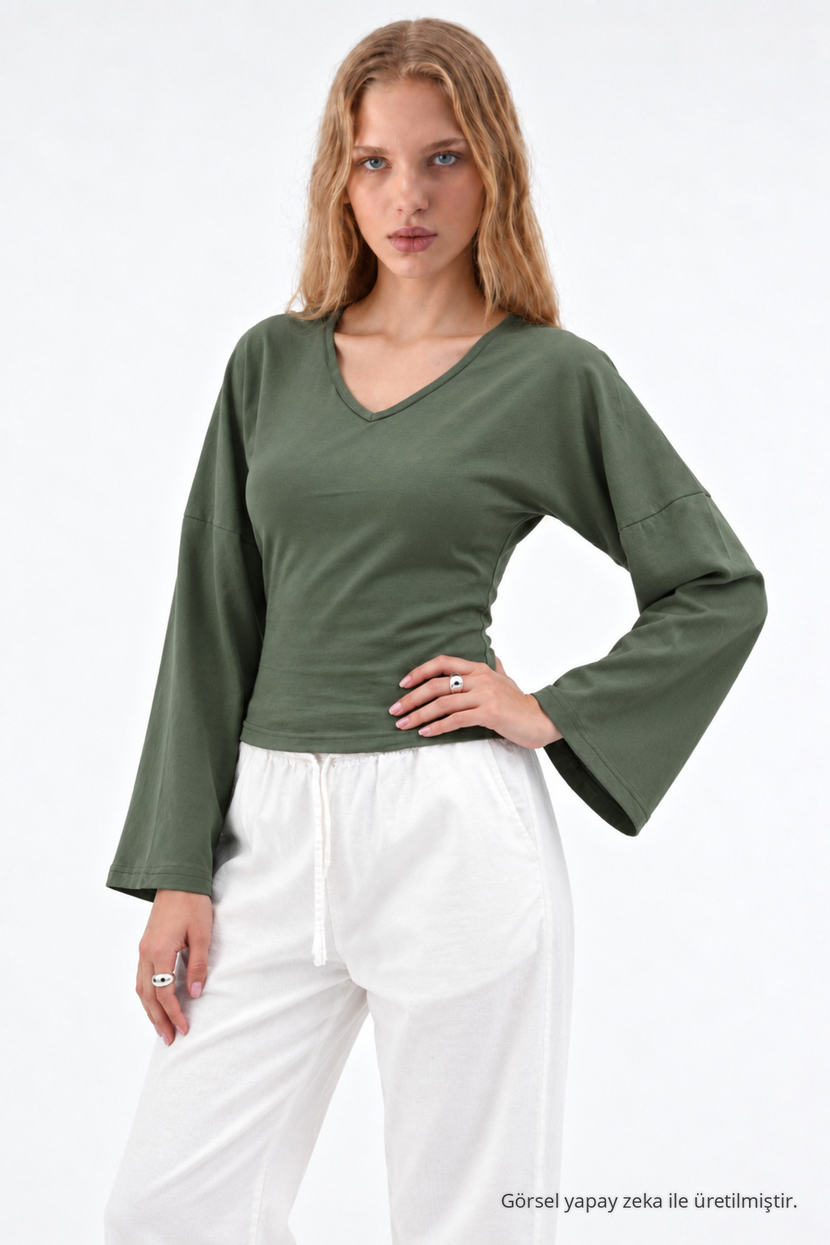 Kadın Reglan Kol Dokulu Crop Haki Bluz 4