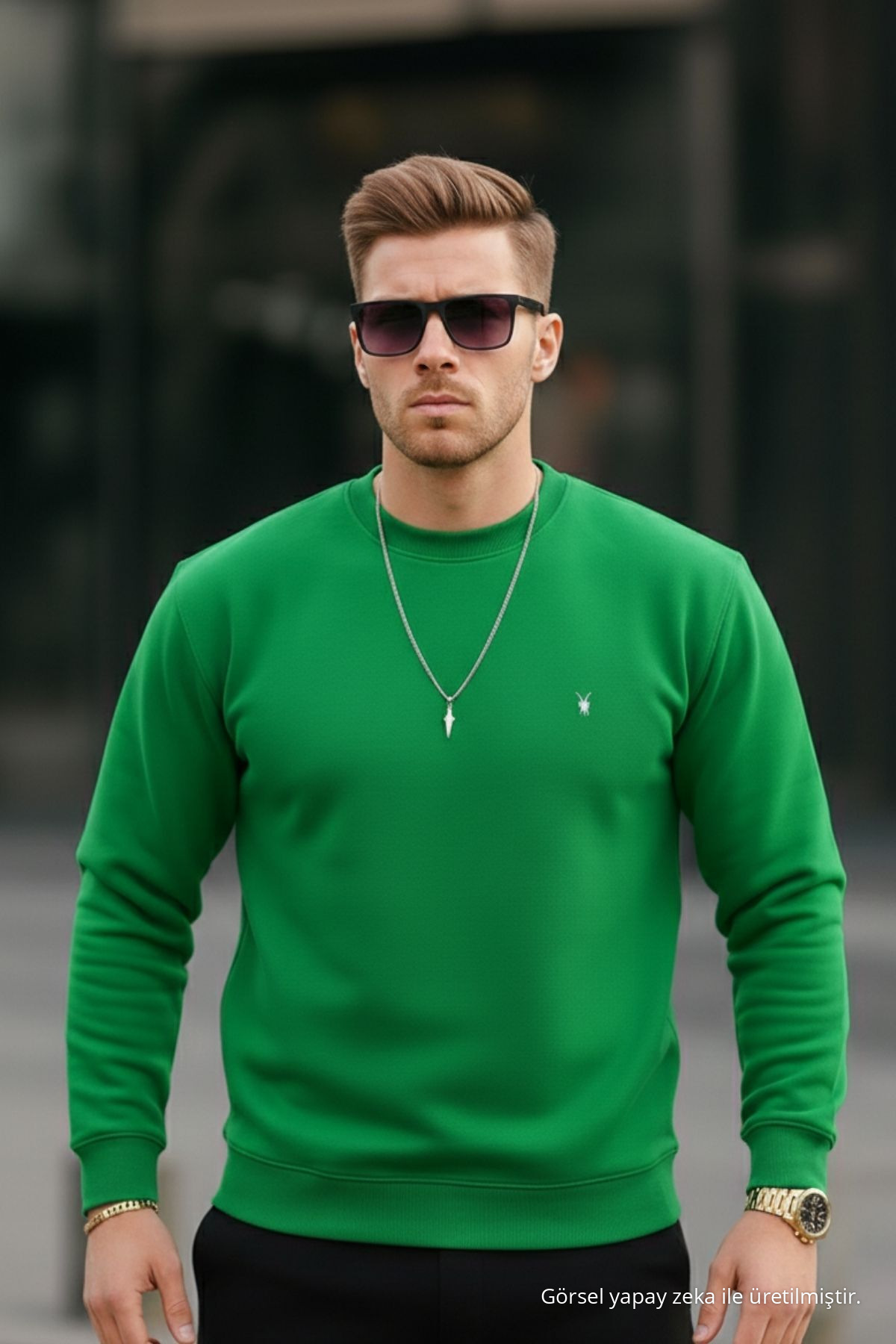 YEŞİL Renk Basic Bisiklet Yaka Relaxed Regular Erkek Sweatshirt 4