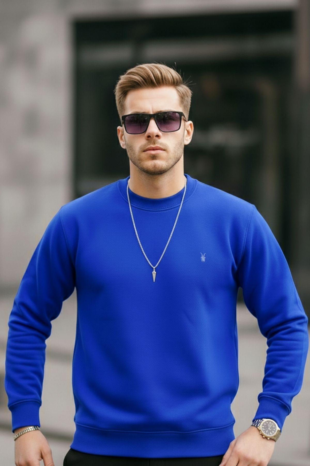 Mavi Renk Basic Bisiklet Yaka Relaxed Regular Erkek Sweatshirt - MAVİ 6