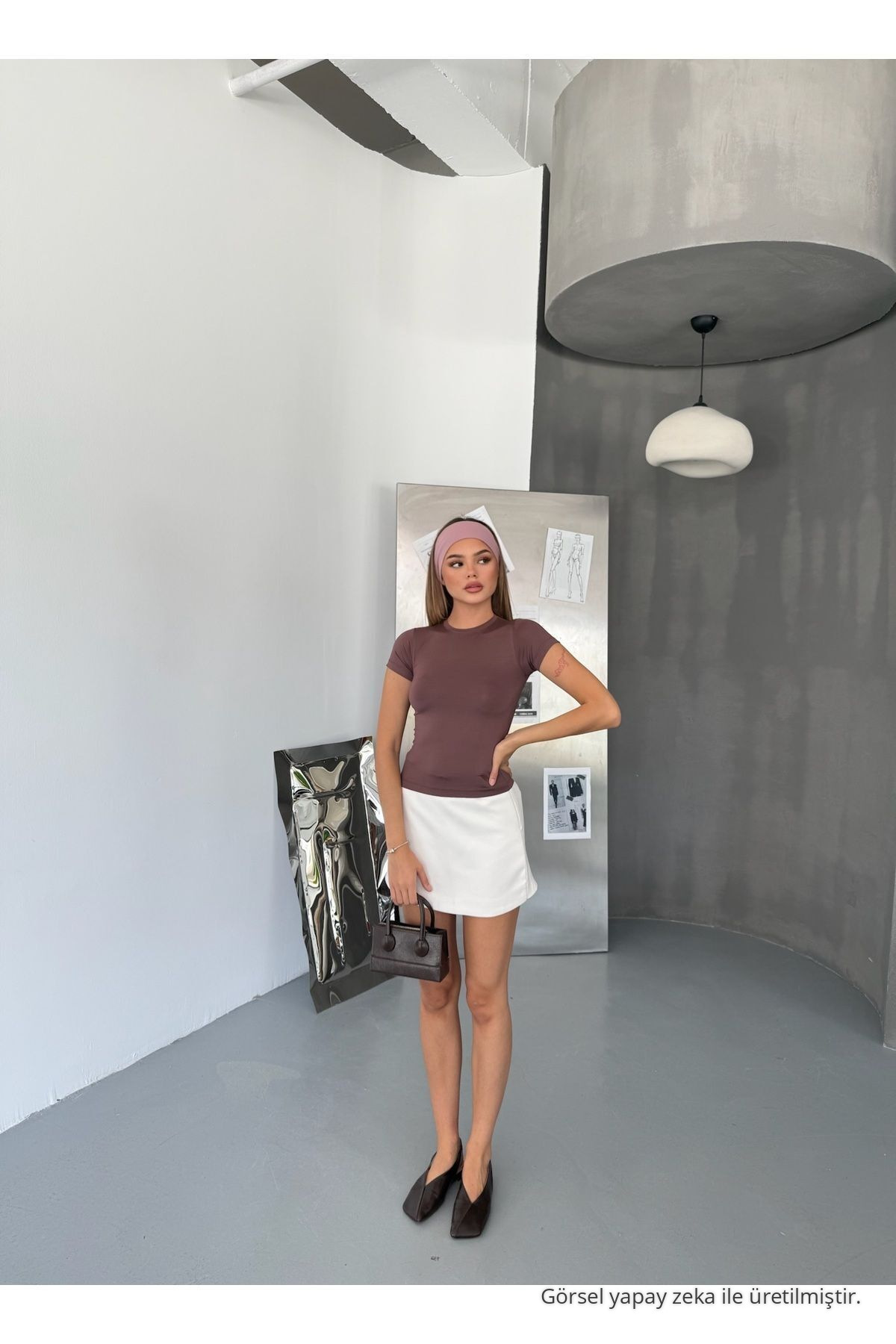 Kadın Kahverengi Bisiklet Yaka Body T-shirt 5