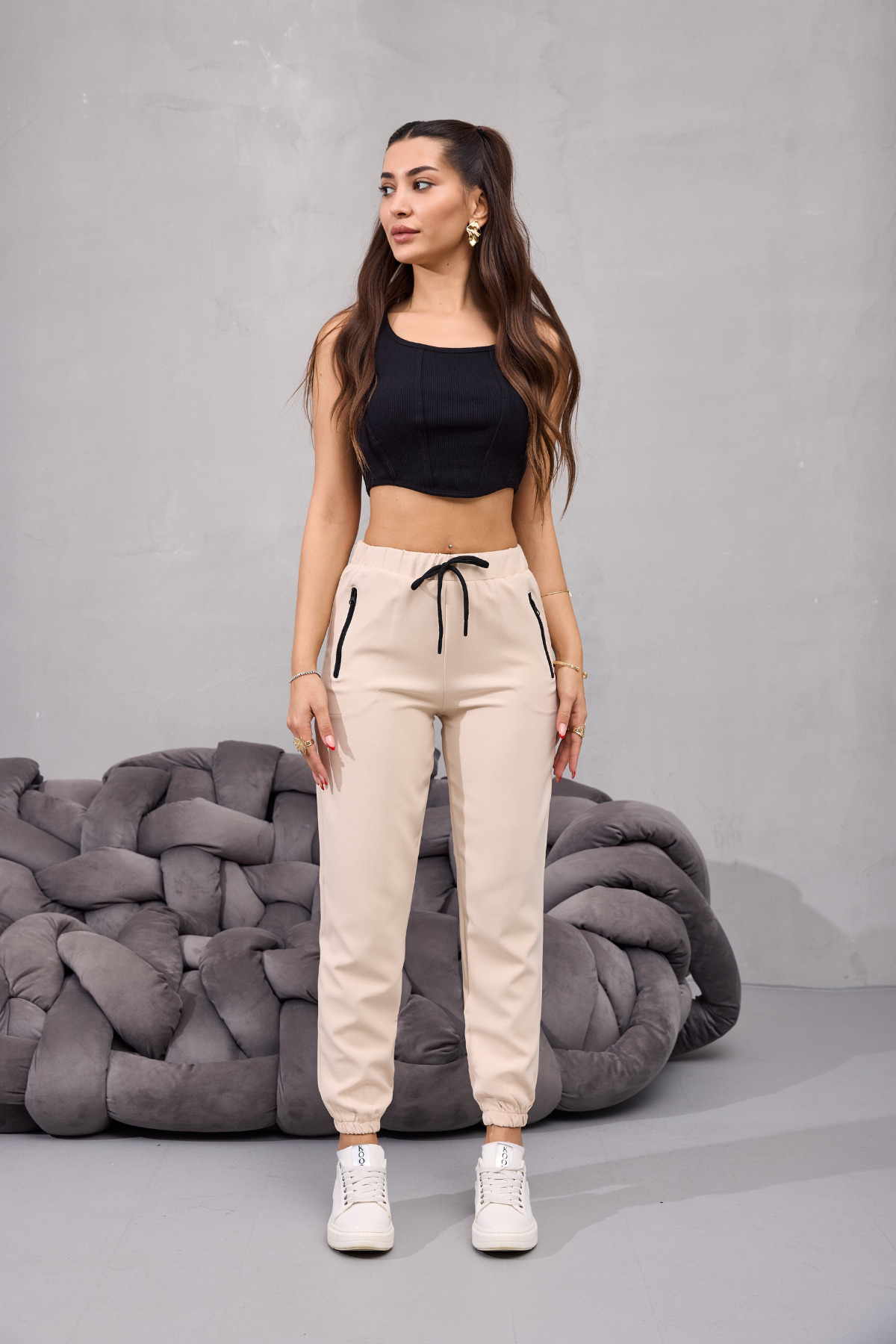 Kadın Yüksek Bel Likralı Rahat Kumaş Jogger Beli Lastikli Pantolon BEJ 4