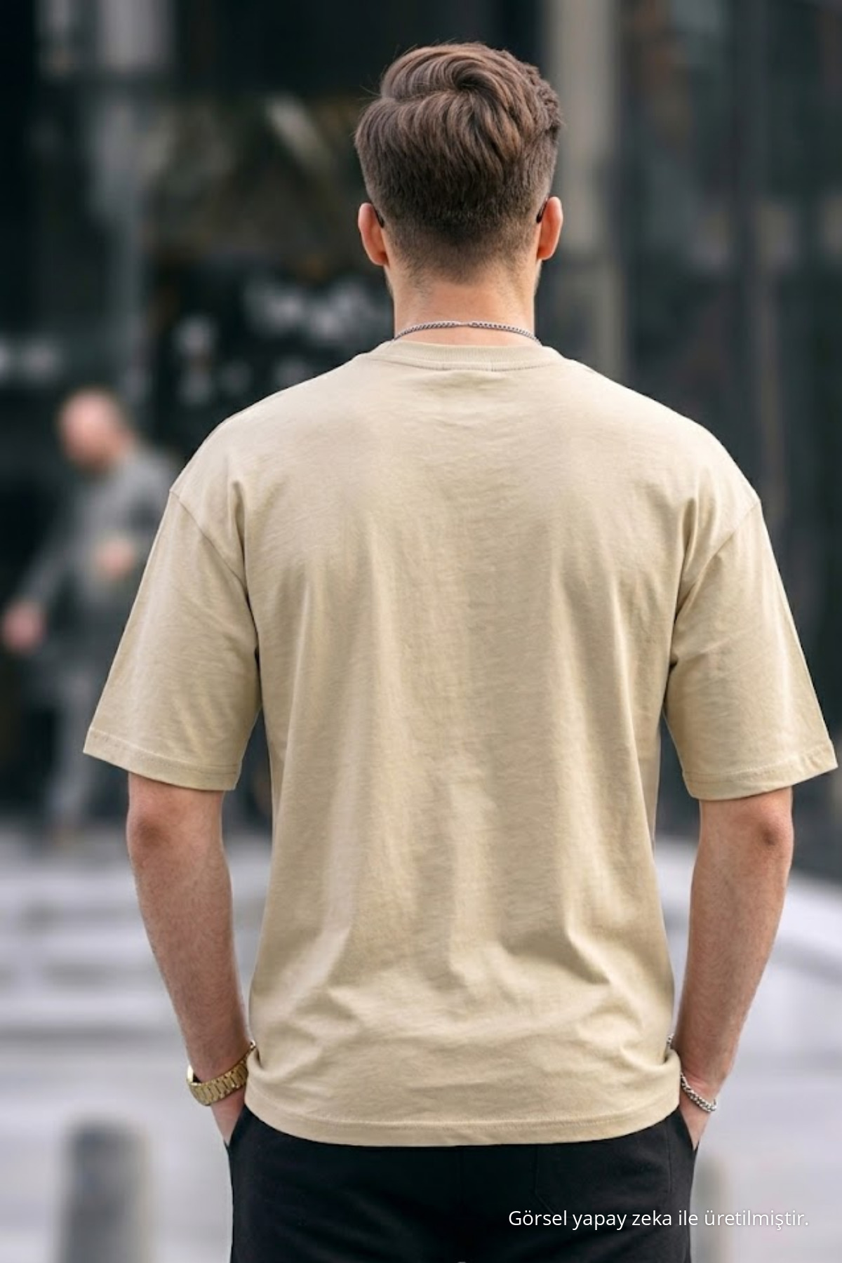 Erkek Premium Basic Trend Bej Oversize Tişört 5