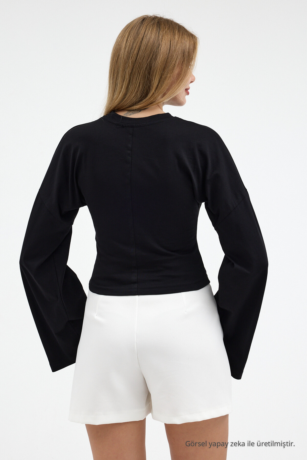 Kadın Basic Geniş Kol Siyah Crop Bluz 3
