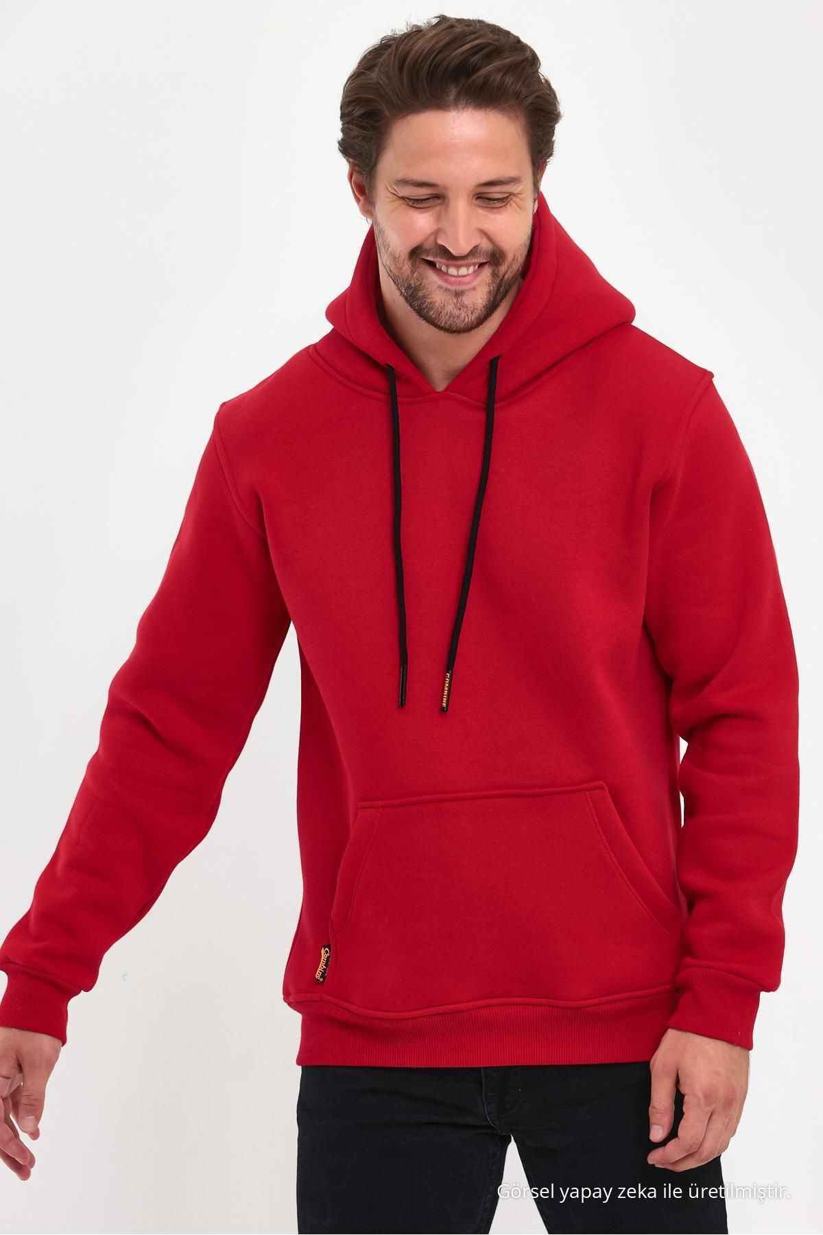 Erkek KIRMIZI Standart Fit Normal Kesim İçi Polarlı Kapüşonlu Kanguru Cepli Pamuklu Sweatshirt 3