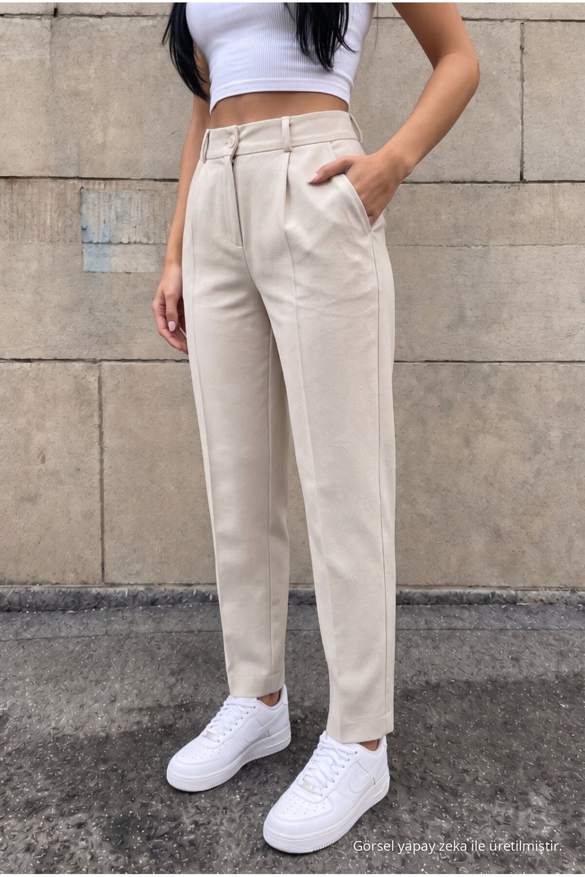 Yüksek Bel Havuç Model Beli Lastikli Dar Paça Pantolon BEJ 4