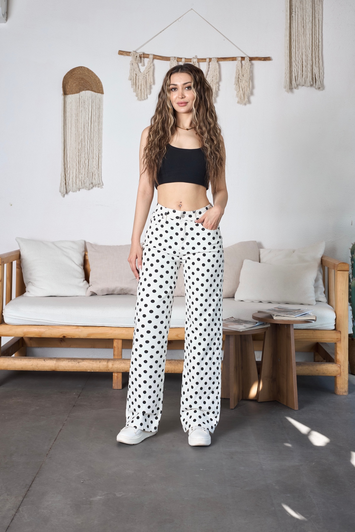 Puantiye Desenli Wide Leg Denim Pantolon Beyaz 6