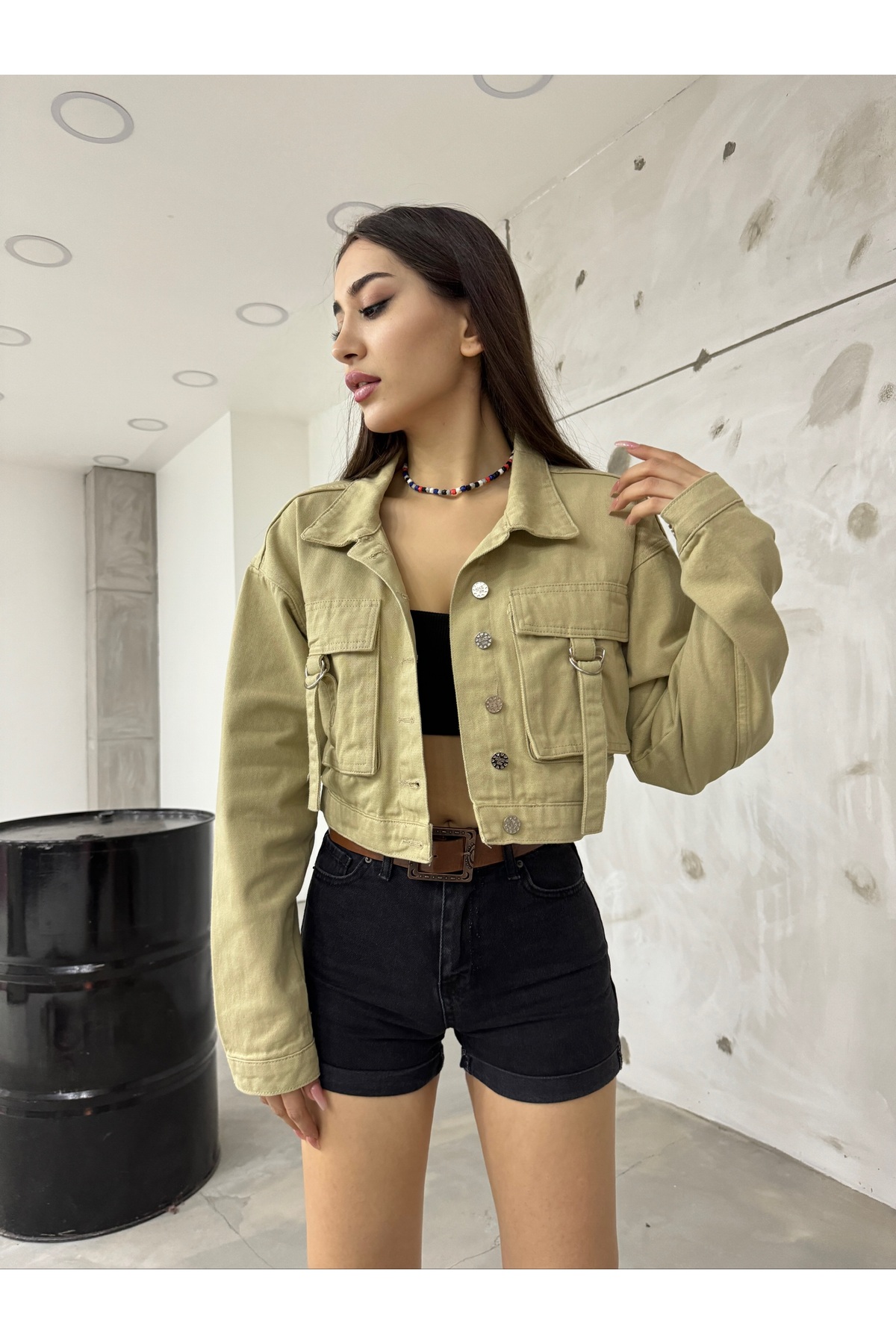 Kadın Cep Detaylı Oversize Crop Denim Ceket BEJ 7