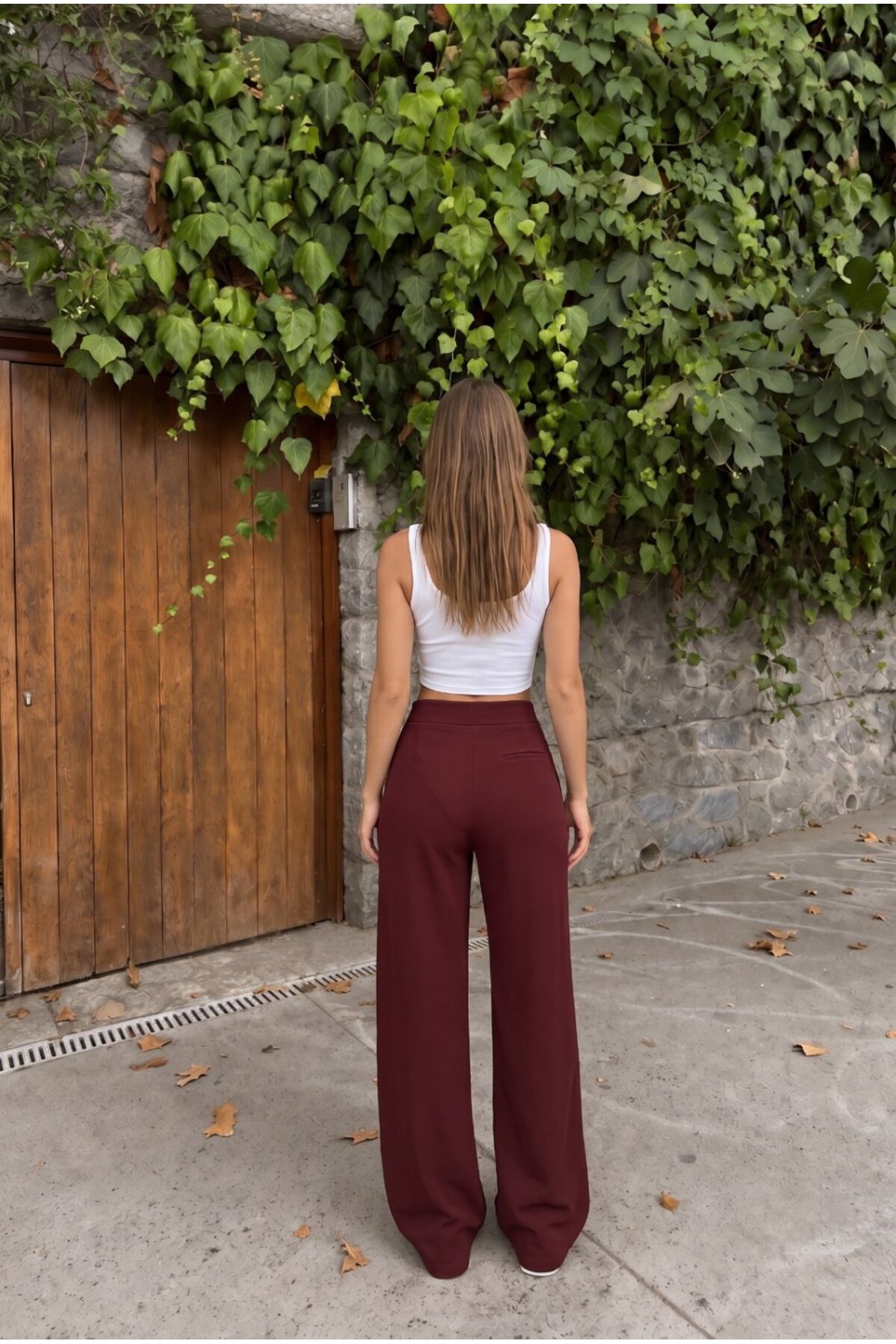 Yüksek Bel Wide Leg Bol Paça Düğmeli Kumaş Pantolon BORDO 7
