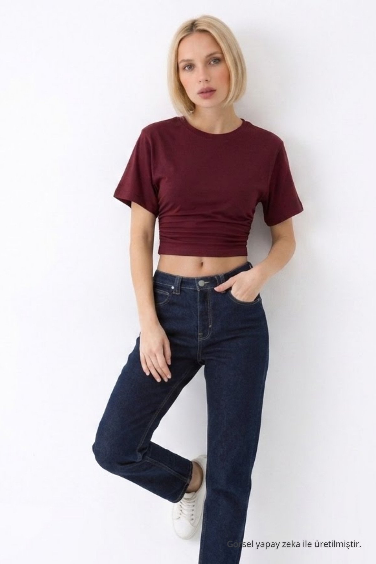 Kadın Fashion Slim Fit Bordo Crop Tişört 3