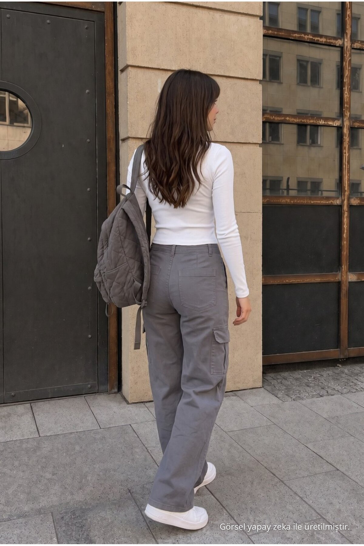 Kargo Cepli Likralı Yüksek Bel Wide Leg Okul Pantolonu gri 5