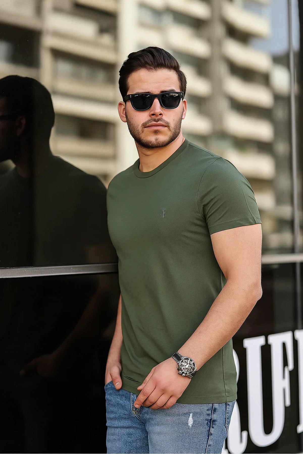Erkek %100 Pamuk Nefes Alan Bisiklet Yaka Standart Fit Normal Kesim T-shirt HAKİ 4