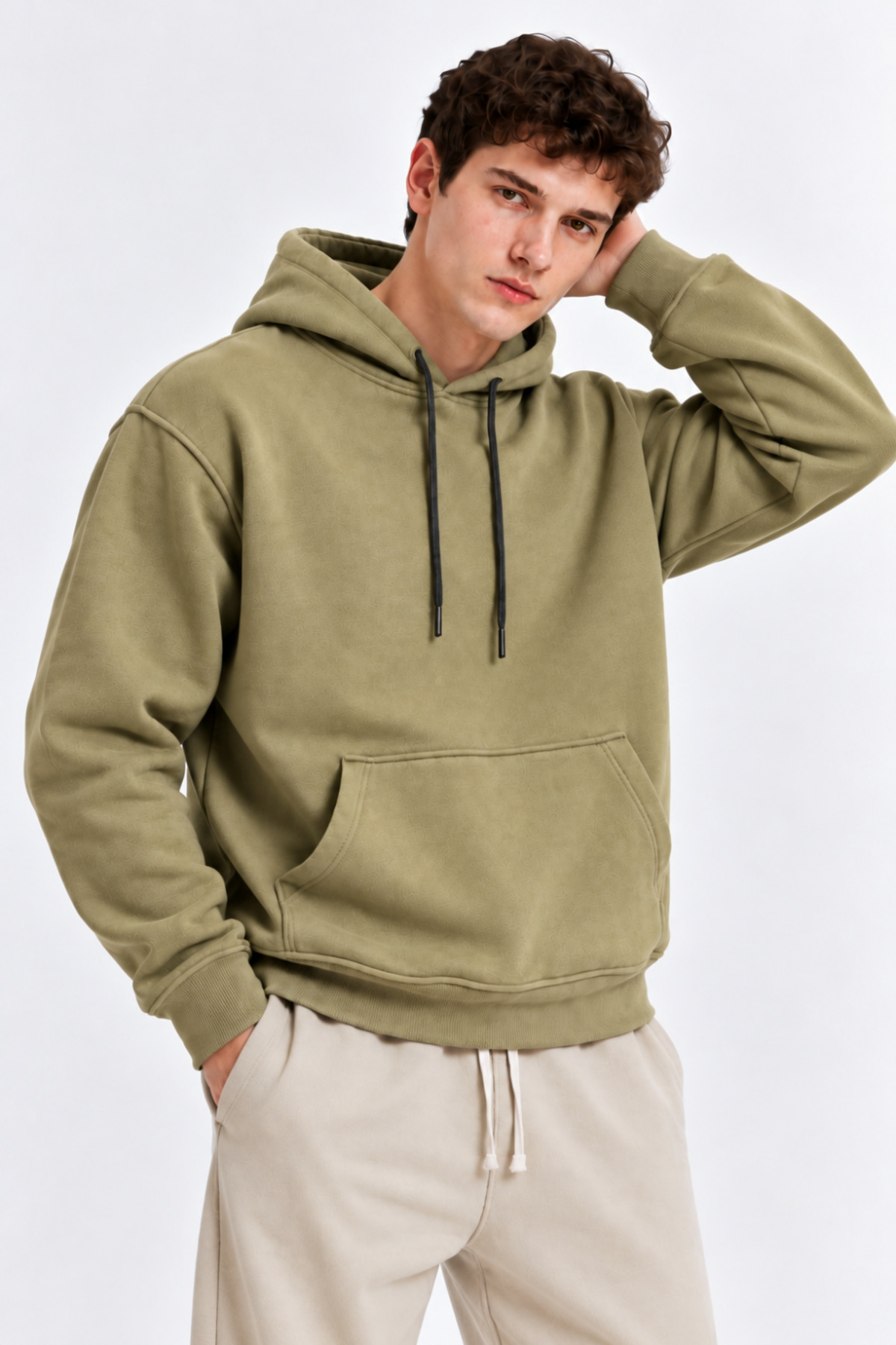 Erkek A.Haki Kanguru Cep Kapşonlu Sweatshirt 4