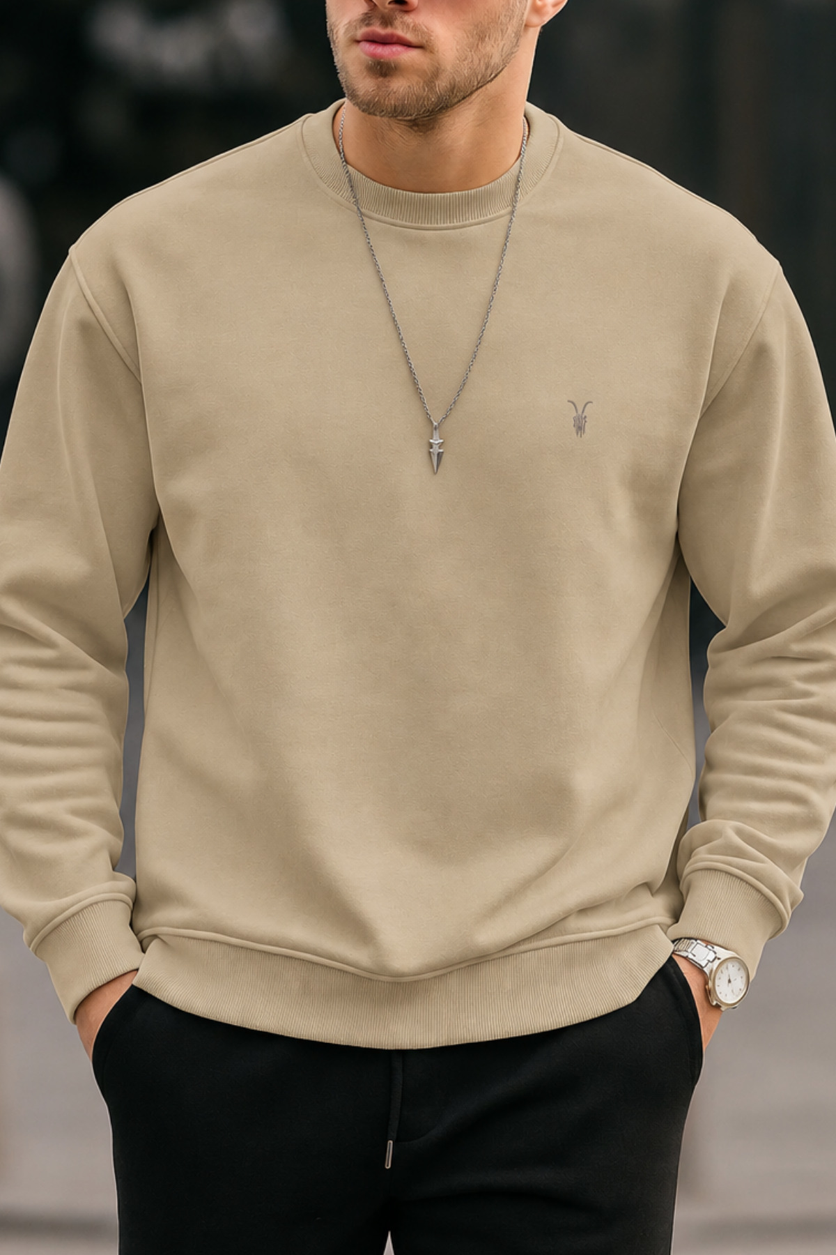 Erkek Bisiklet Yaka Relaxed Bejj Sweatshirt 6