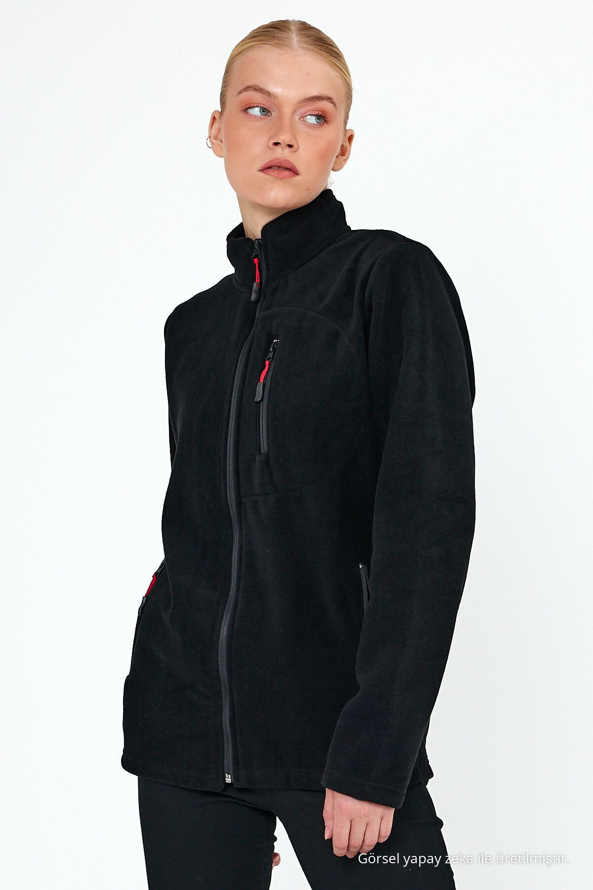 Kadın SİYAH Polar Tam Fermuarlı Outdoor 3 Cepli Spor Polar Ceket 5