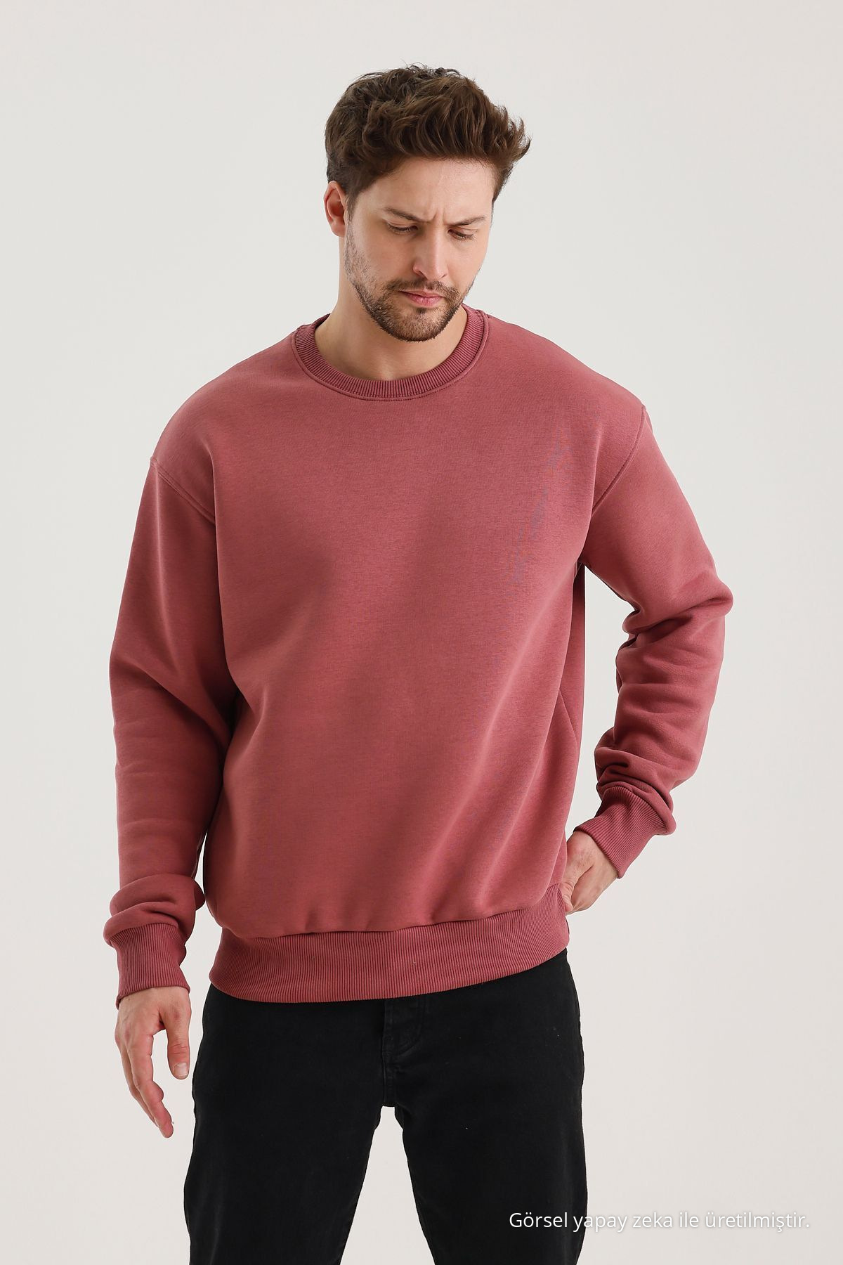 Gül Kurusu Bisiklet Yaka Oversize Şardonlu Basic Erkek Sweatshirt 4