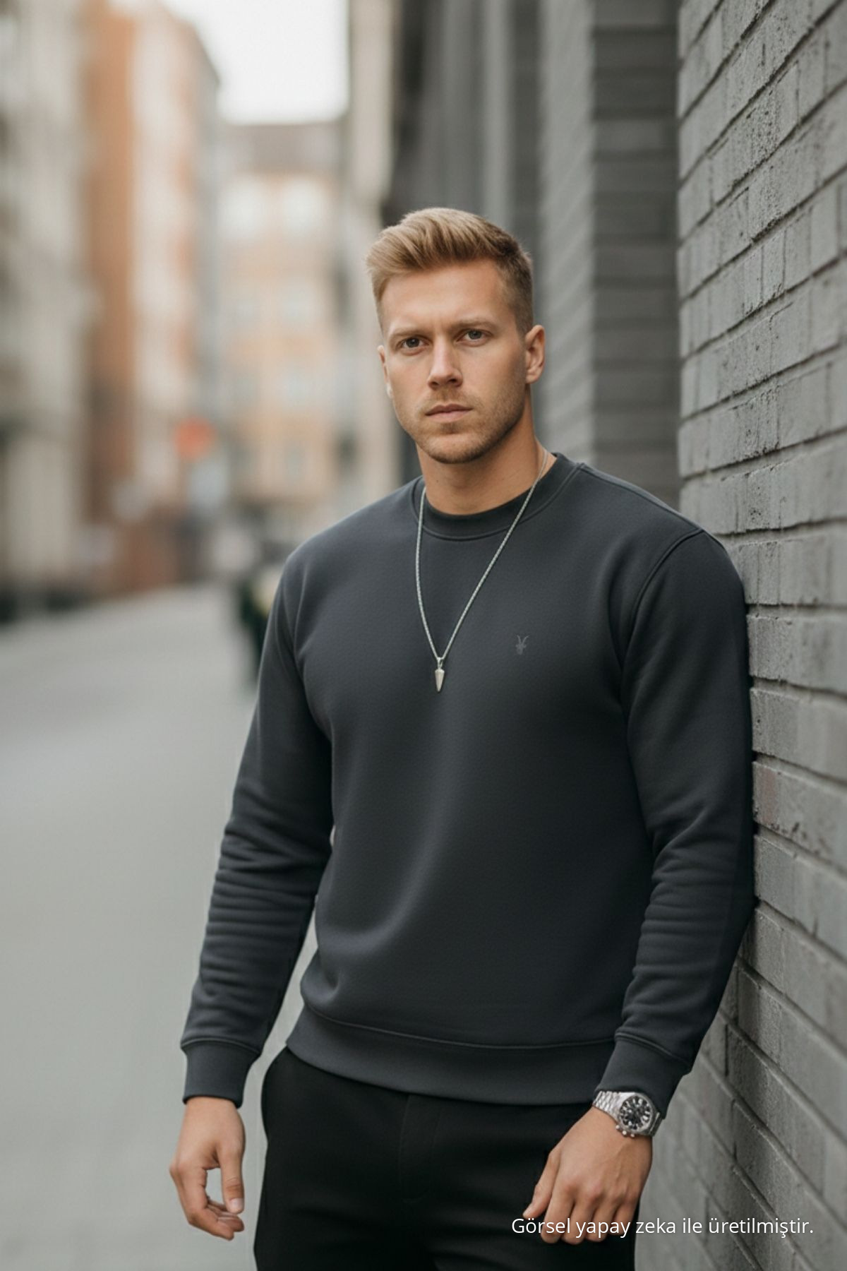 Füme Renk Basic Bisiklet Yaka Relaxed Regular Erkek Sweatshirt 5