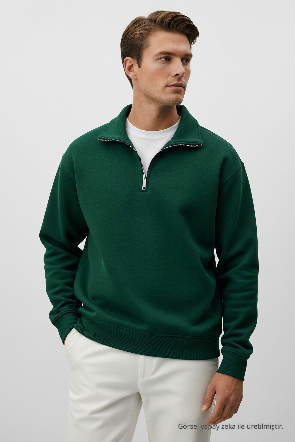 Erkek Basic Yarım Fermuarlı 3 Lü Sweatshirt HAKİ 3