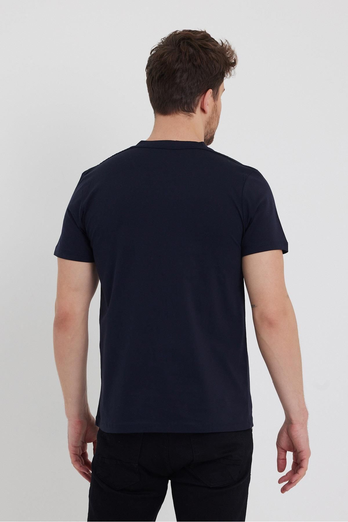 Erkek LACİVERT %100 Pamuk Slim Fit Bisiklet Yaka Kısa Kollu Tişört 3
