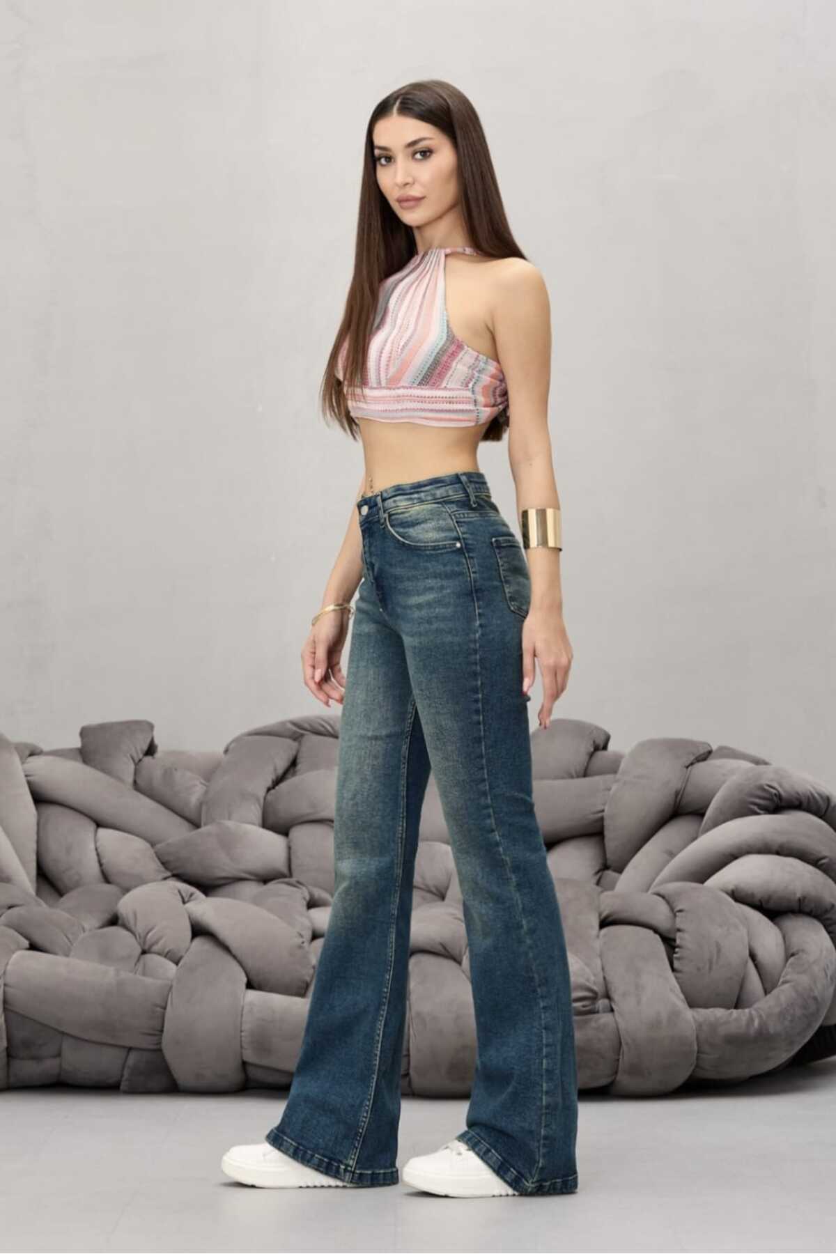 Kadın Yüksek Bel Esnek Ispanyol Paça Jeans koyu mavi 4